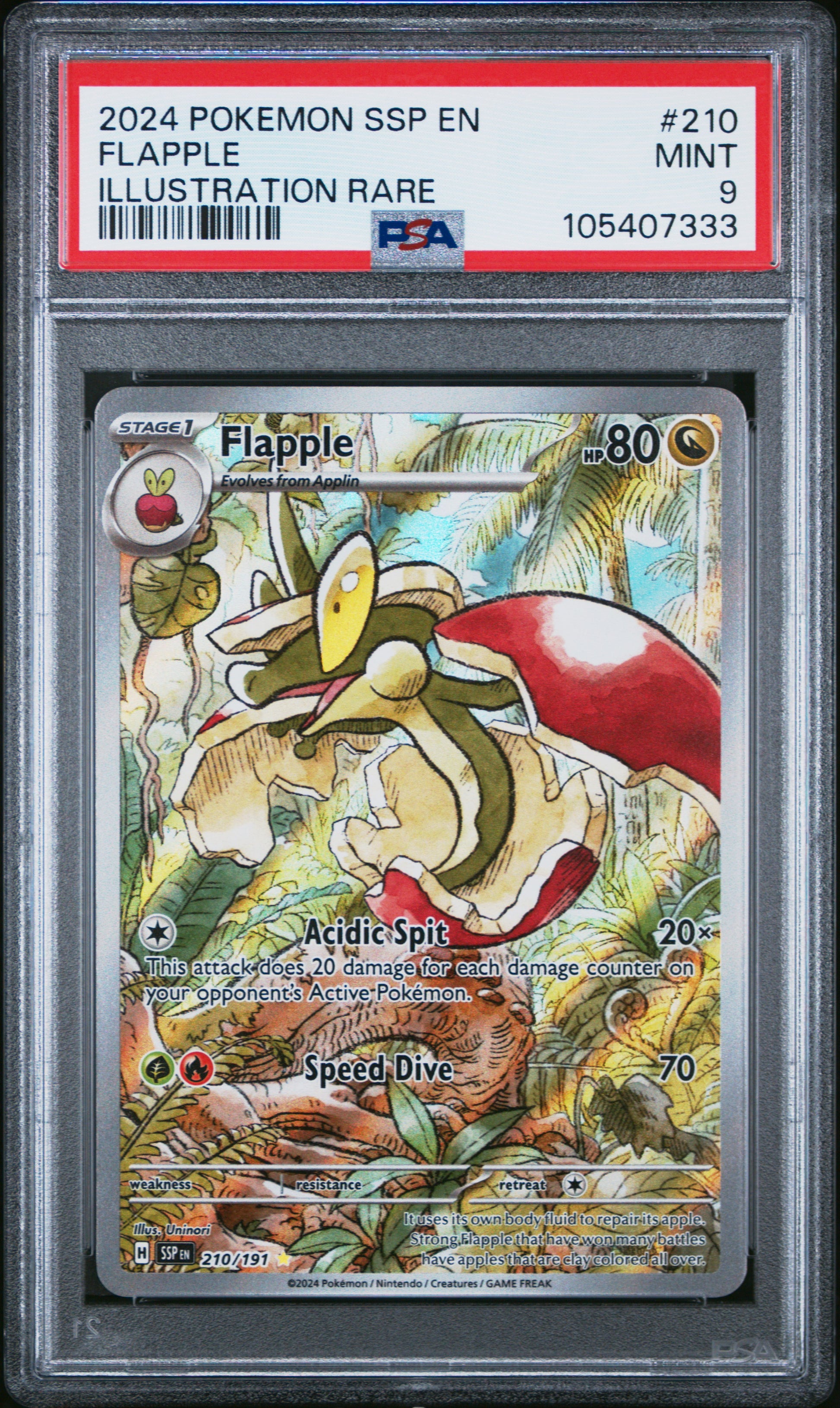 FLAPPLE 210/191 Common POKEMON SSP EN-SURGING SPARKS ILLUSTRATION RARE PSA9 MINT 9 PSA population 547 <a href=https://www.psacard.com/cert/105407333/psa>https://www.psacard.com/cert/105407333/psa</a>