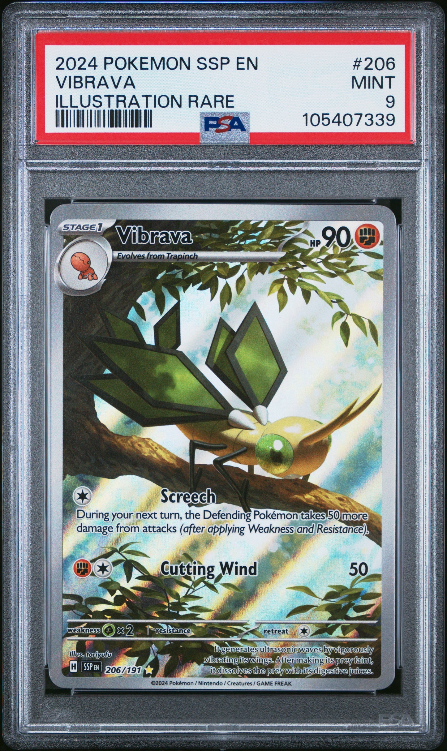 VIBRAVA 206/191 Common POKEMON SSP EN-SURGING SPARKS ILLUSTRATION RARE PSA9 MINT 9 PSA population 491 <a href=https://www.psacard.com/cert/105407339/psa>https://www.psacard.com/cert/105407339/psa</a>