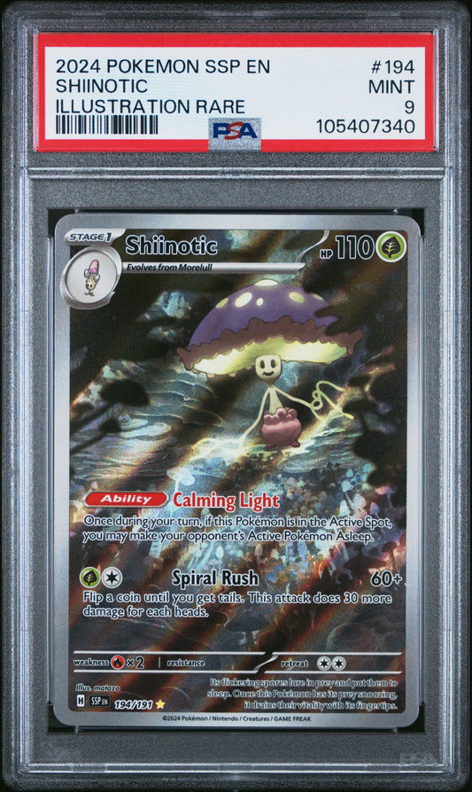 SHIINOTIC 194/191 Common POKEMON SSP EN-SURGING SPARKS ILLUSTRATION RARE PSA9 MINT 9 PSA population 521 <a href=https://www.psacard.com/cert/105407340/psa>https://www.psacard.com/cert/105407340/psa</a>