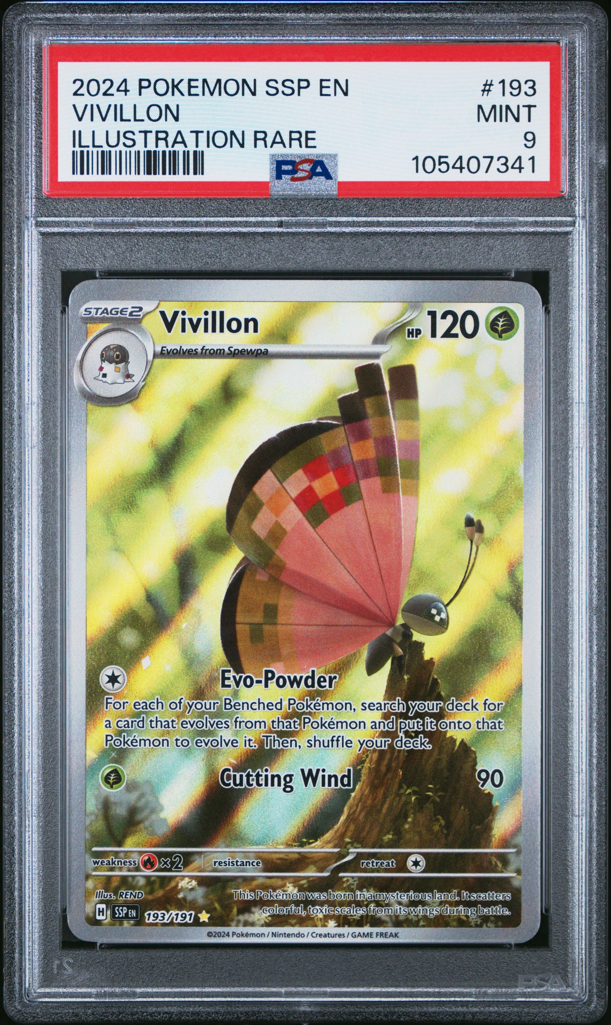 VIVILLON 193/191 Common POKEMON SSP EN-SURGING SPARKS ILLUSTRATION RARE PSA9 MINT 9 PSA population 523 <a href=https://www.psacard.com/cert/105407341/psa>https://www.psacard.com/cert/105407341/psa</a>