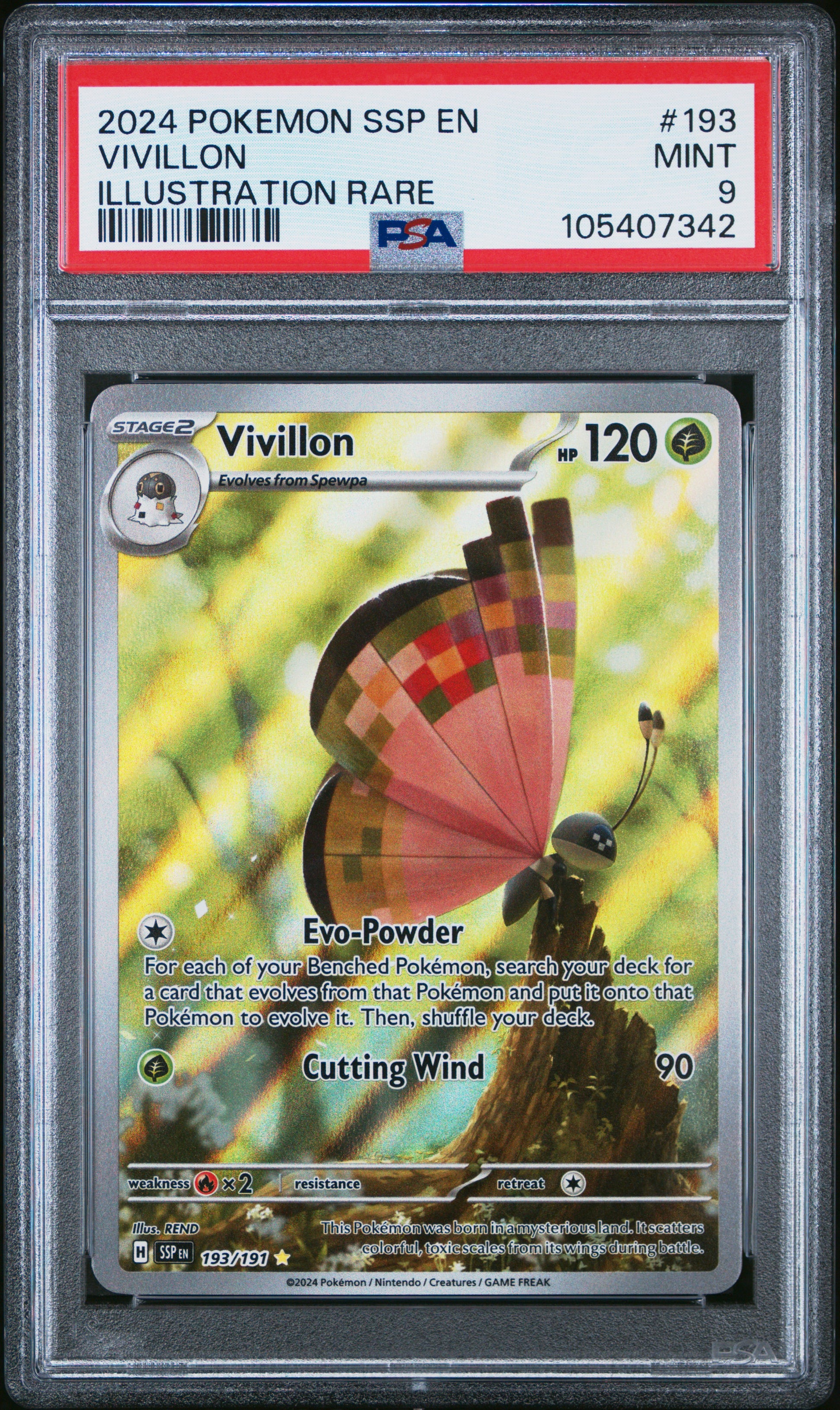 VIVILLON 193/191 Common POKEMON SSP EN-SURGING SPARKS ILLUSTRATION RARE PSA9 MINT 9 PSA population 523 <a href=https://www.psacard.com/cert/105407342/psa>https://www.psacard.com/cert/105407342/psa</a>