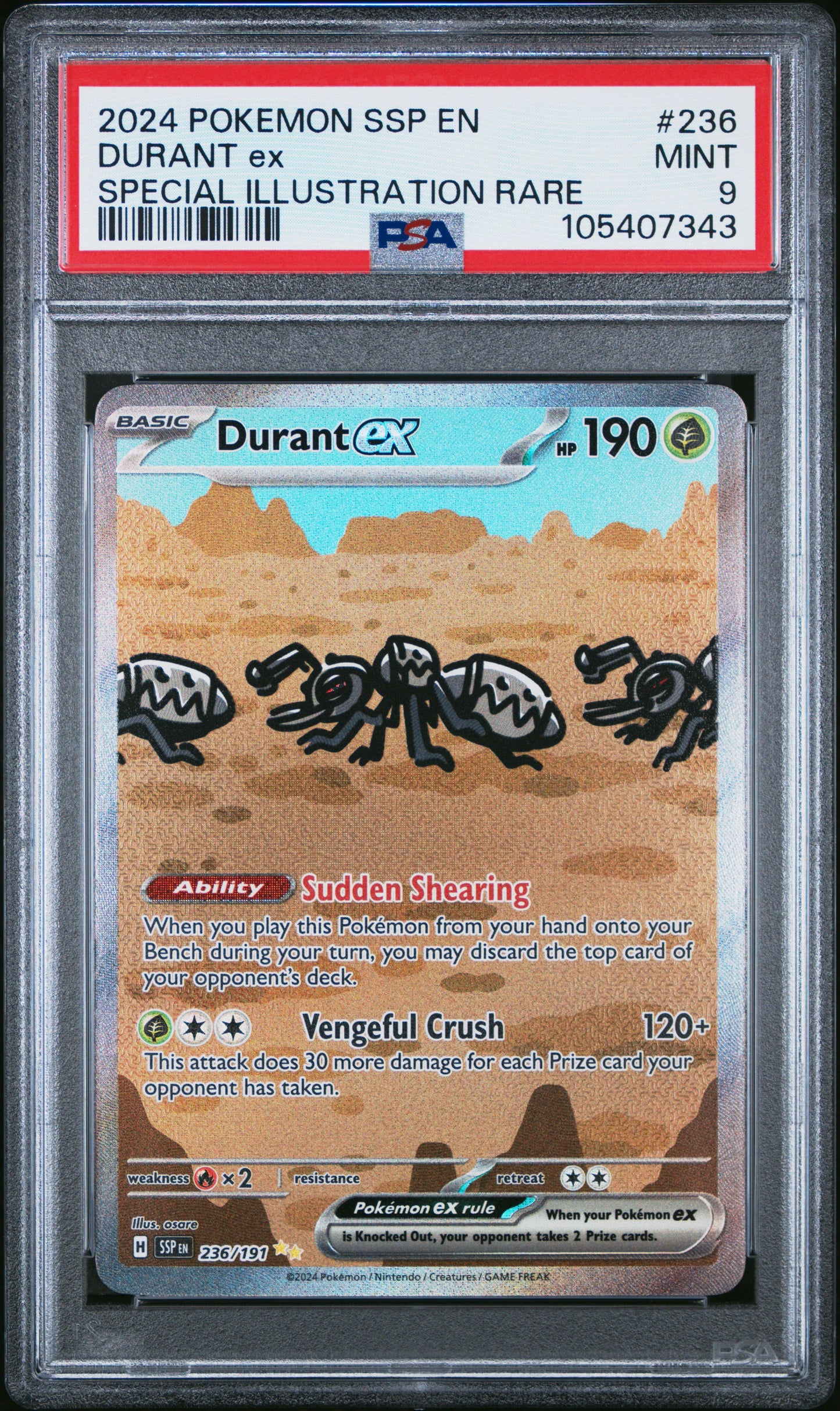 DURANT EX 236/191 Common POKEMON SSP EN-SURGING SPARKS SPECIAL ILLUSTRATION RARE PSA9 MINT 9 PSA population 1257 <a href=https://www.psacard.com/cert/105407343/psa>https://www.psacard.com/cert/105407343/psa</a>
