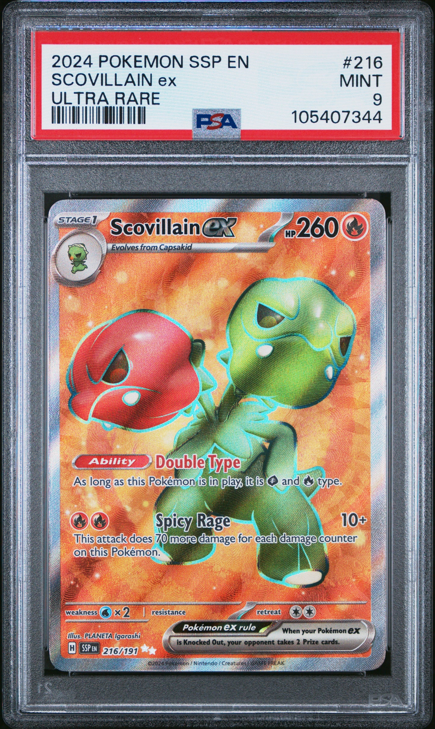 SCOVILLAIN EX 216/191 Common POKEMON SSP EN-SURGING SPARKS ULTRA RARE PSA9 MINT 9 PSA population 109 <a href=https://www.psacard.com/cert/105407344/psa>https://www.psacard.com/cert/105407344/psa</a>