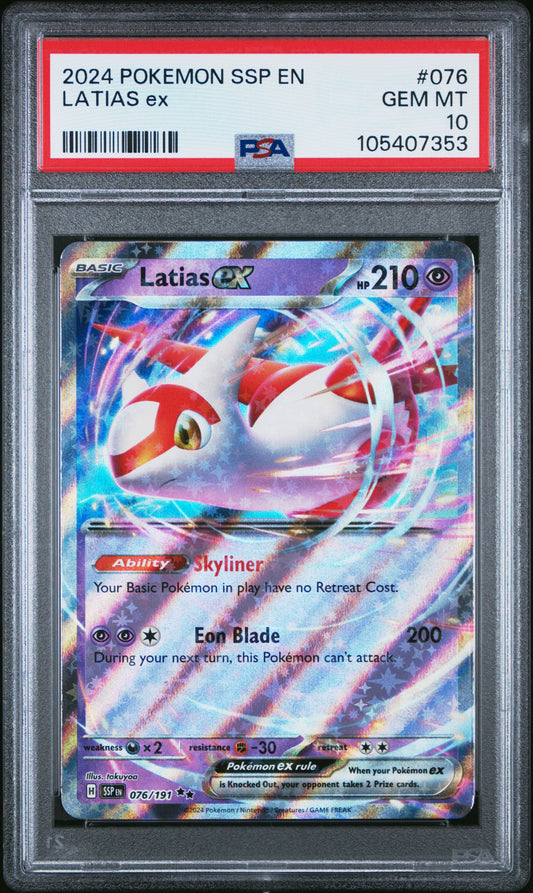LATIAS EX 76/191 Common POKEMON SSP EN-SURGING SPARKS PSA10 GEM MT 10 PSA population 145 <a href=https://www.psacard.com/cert/105407353/psa>https://www.psacard.com/cert/105407353/psa</a>