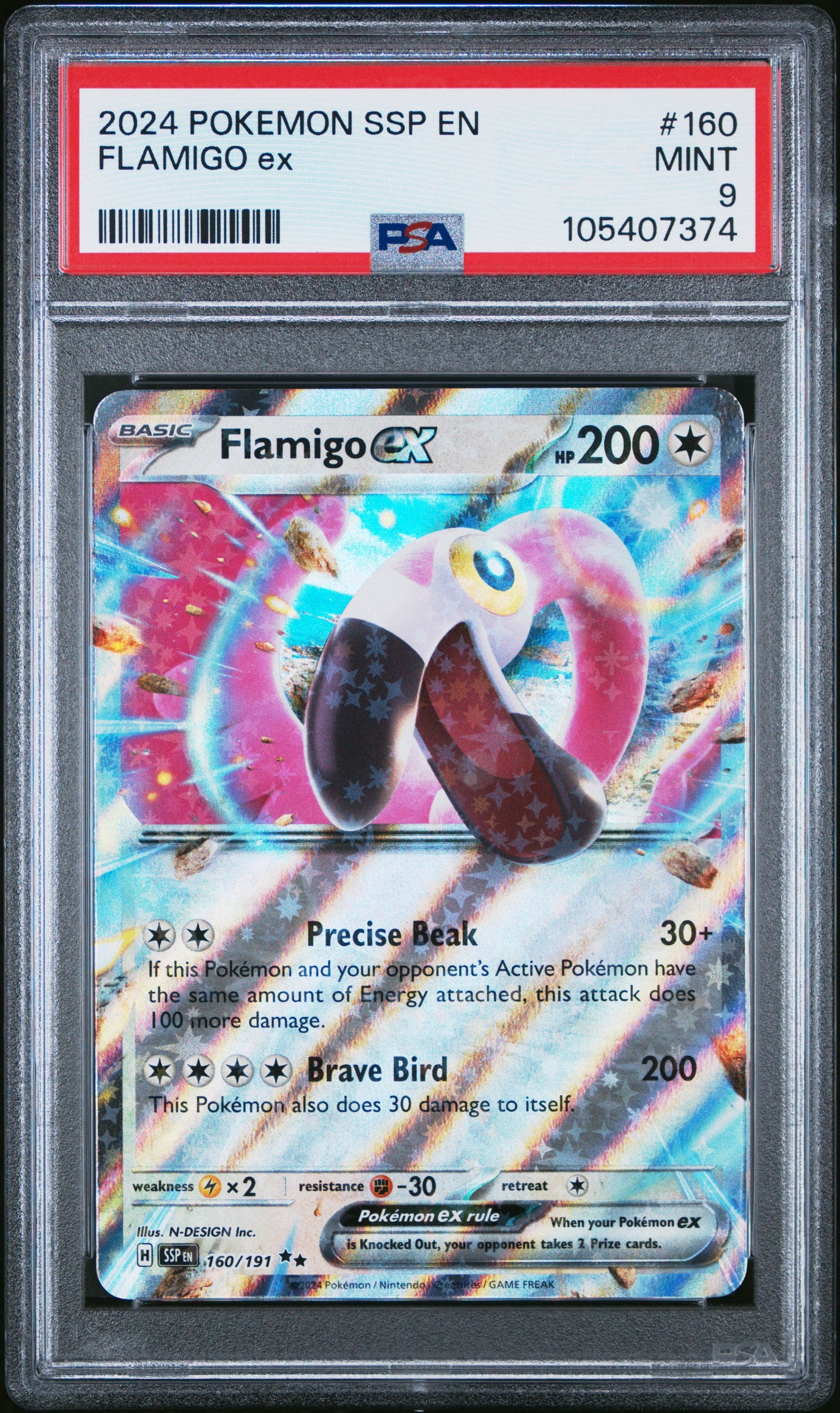 FLAMIGO EX 160/191 Common POKEMON SSP EN-SURGING SPARKS PSA9 MINT 9 PSA population 55 <a href=https://www.psacard.com/cert/105407374/psa>https://www.psacard.com/cert/105407374/psa</a>