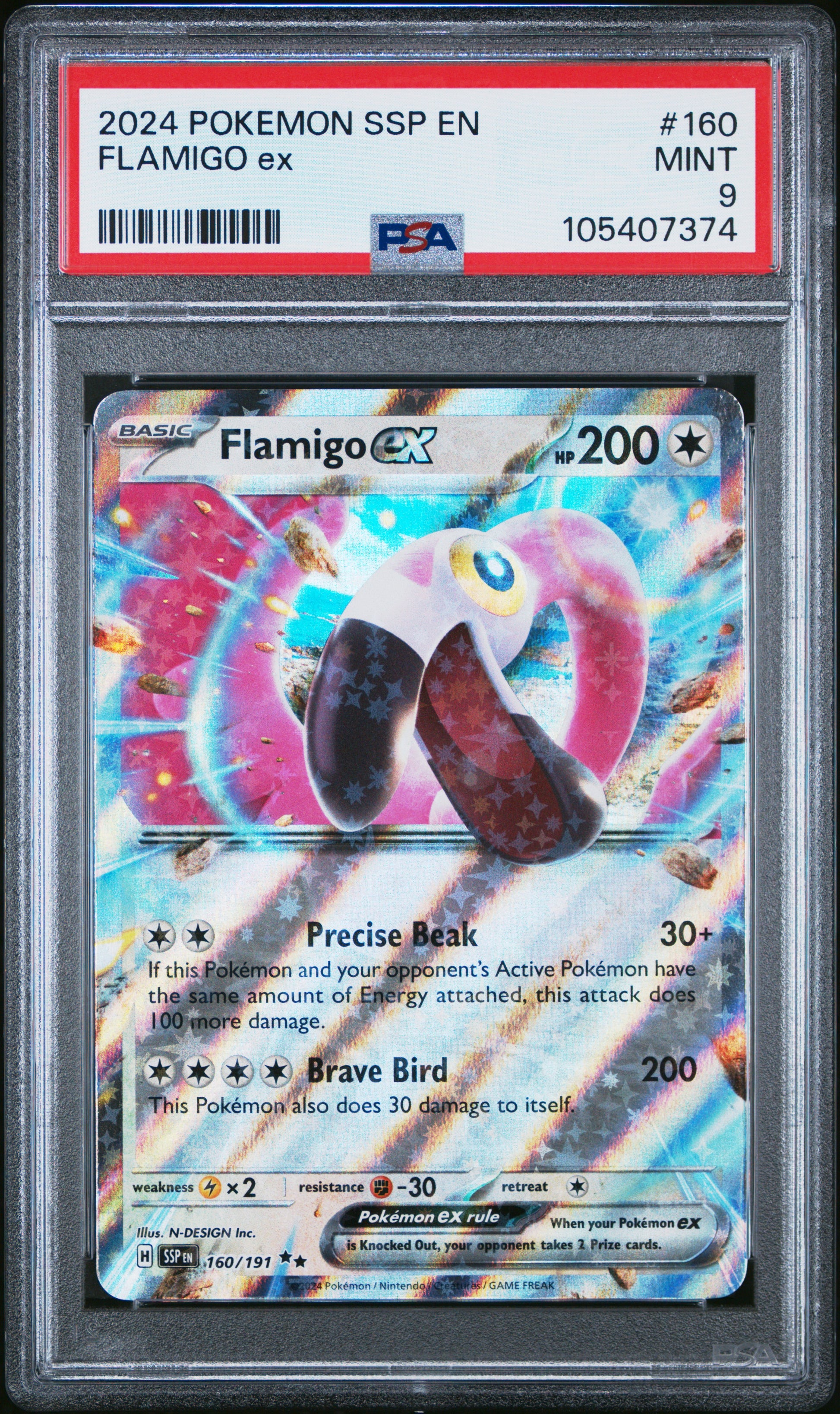 FLAMIGO EX 160/191 Common POKEMON SSP EN-SURGING SPARKS PSA9 MINT 9 PSA population 55 <a href=https://www.psacard.com/cert/105407374/psa>https://www.psacard.com/cert/105407374/psa</a>