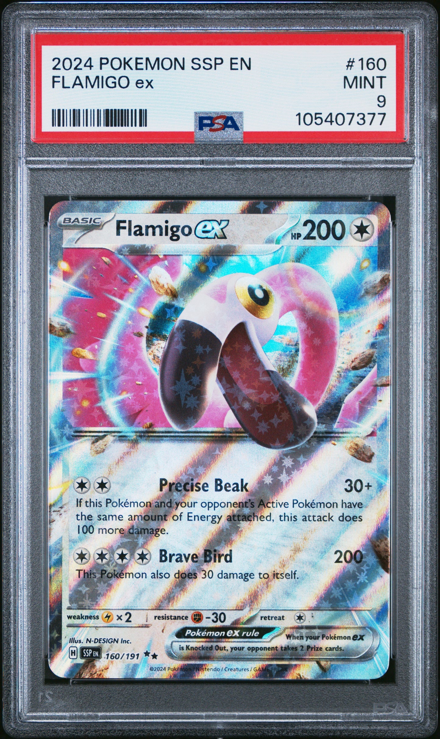 FLAMIGO EX 160/191 Common POKEMON SSP EN-SURGING SPARKS PSA9 MINT 9 PSA population 55 <a href=https://www.psacard.com/cert/105407377/psa>https://www.psacard.com/cert/105407377/psa</a>