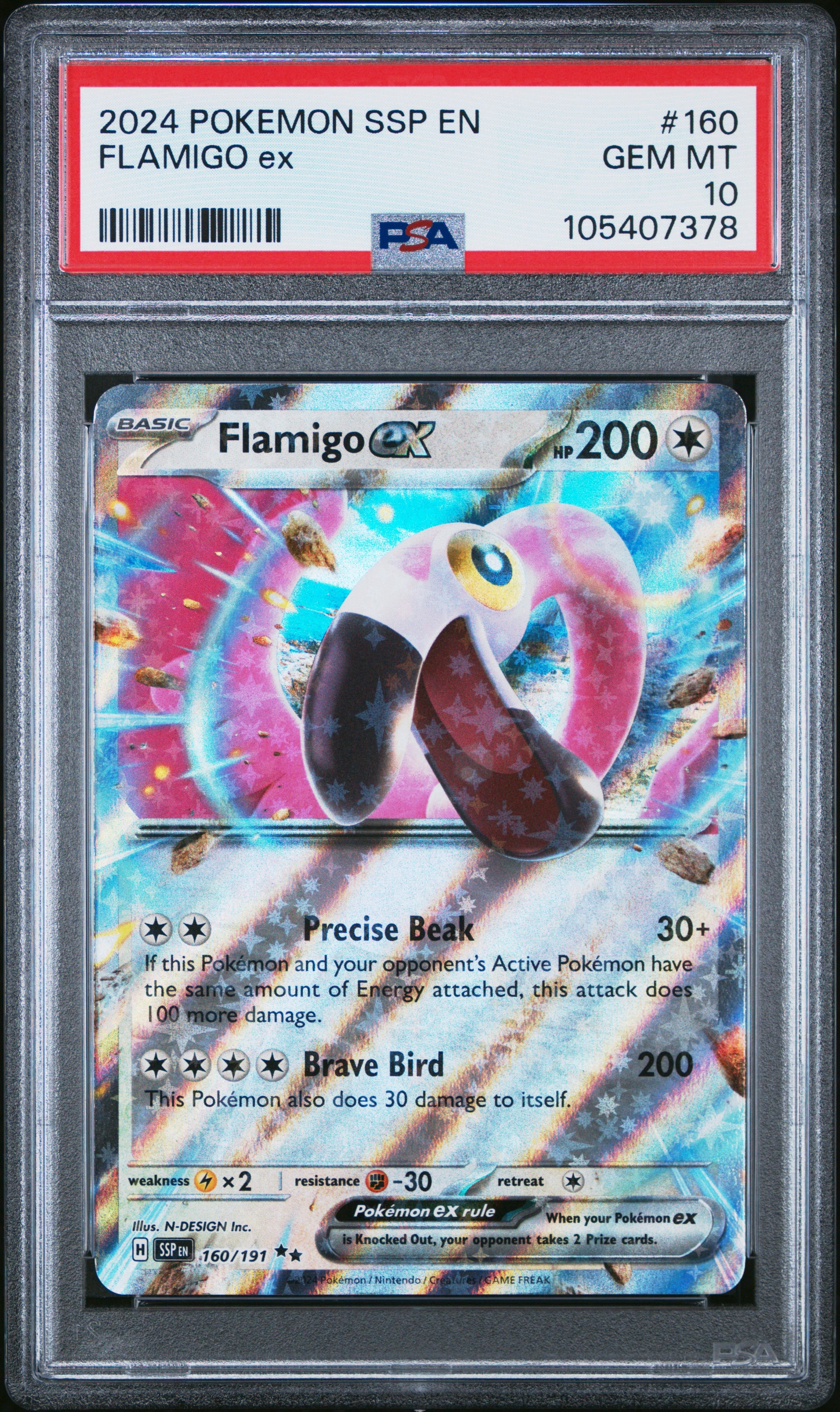FLAMIGO EX 160/191 Common POKEMON SSP EN-SURGING SPARKS PSA10 GEM MT 10 PSA population 33 <a href=https://www.psacard.com/cert/105407378/psa>https://www.psacard.com/cert/105407378/psa</a>