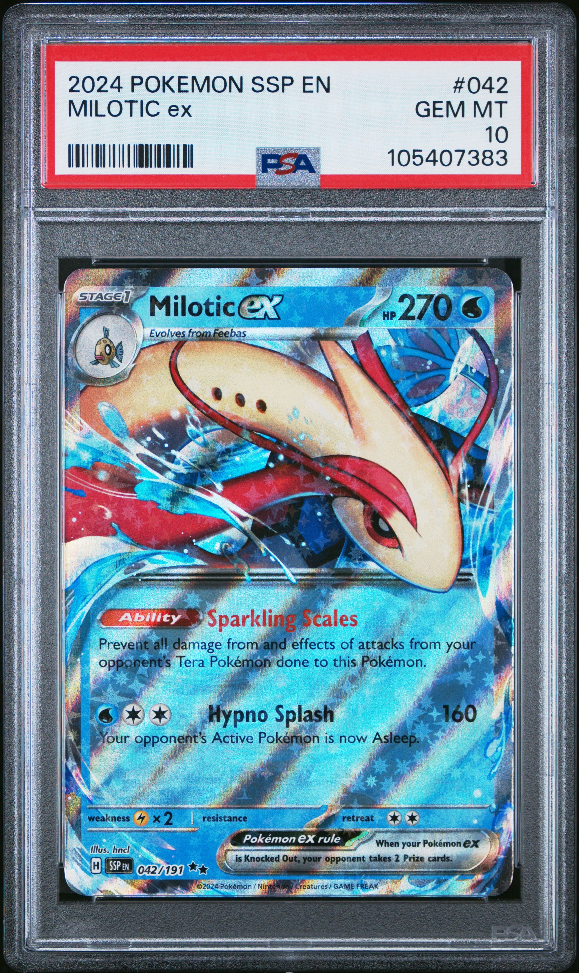 MILOTIC EX 42/191 Common POKEMON SSP EN-SURGING SPARKS PSA10 GEM MT 10 PSA population 82 <a href=https://www.psacard.com/cert/105407383/psa>https://www.psacard.com/cert/105407383/psa</a>