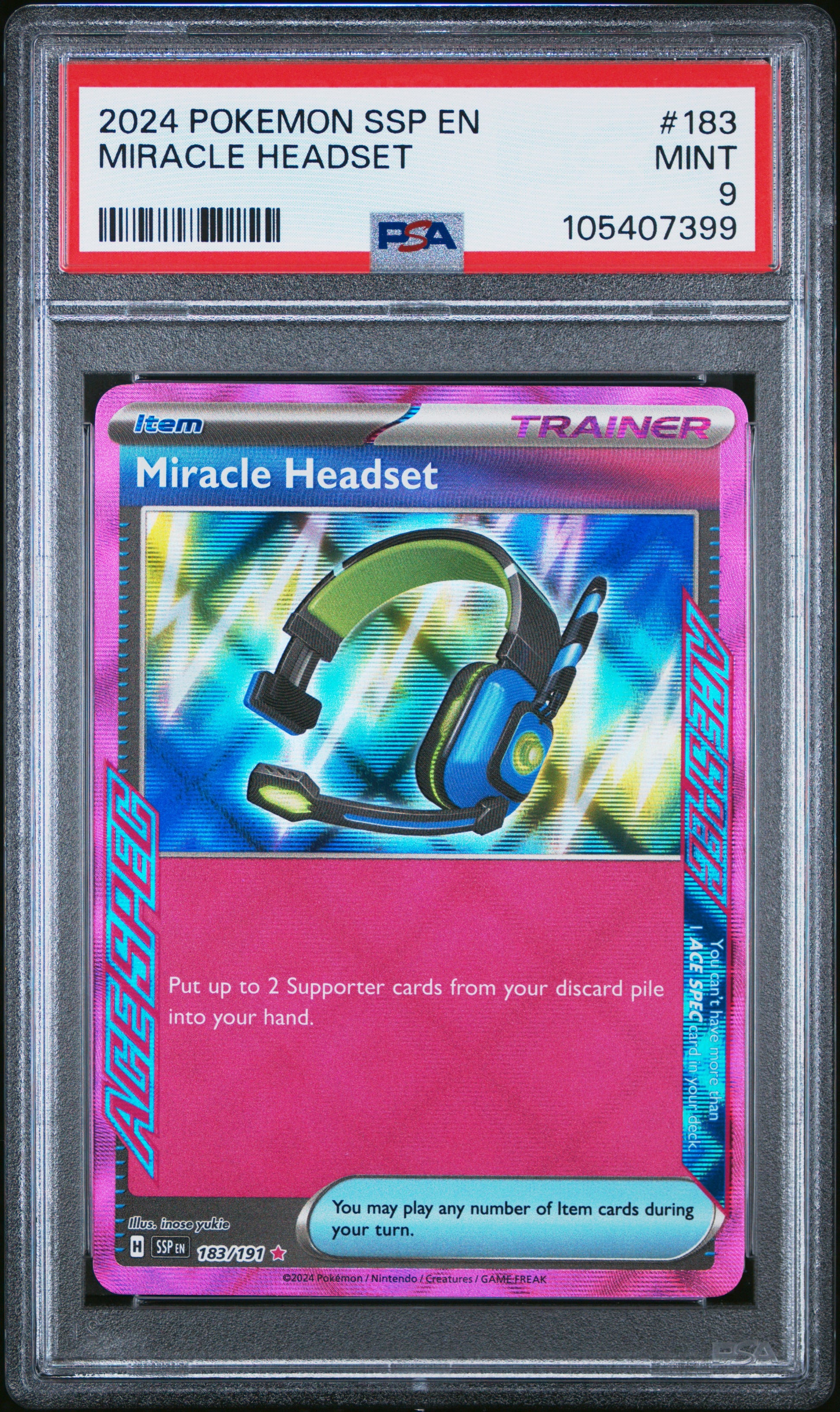 MIRACLE HEADSET 183/191 Common POKEMON SSP EN-SURGING SPARKS PSA9 MINT 9 PSA population 58 <a href=https://www.psacard.com/cert/105407399/psa>https://www.psacard.com/cert/105407399/psa</a>