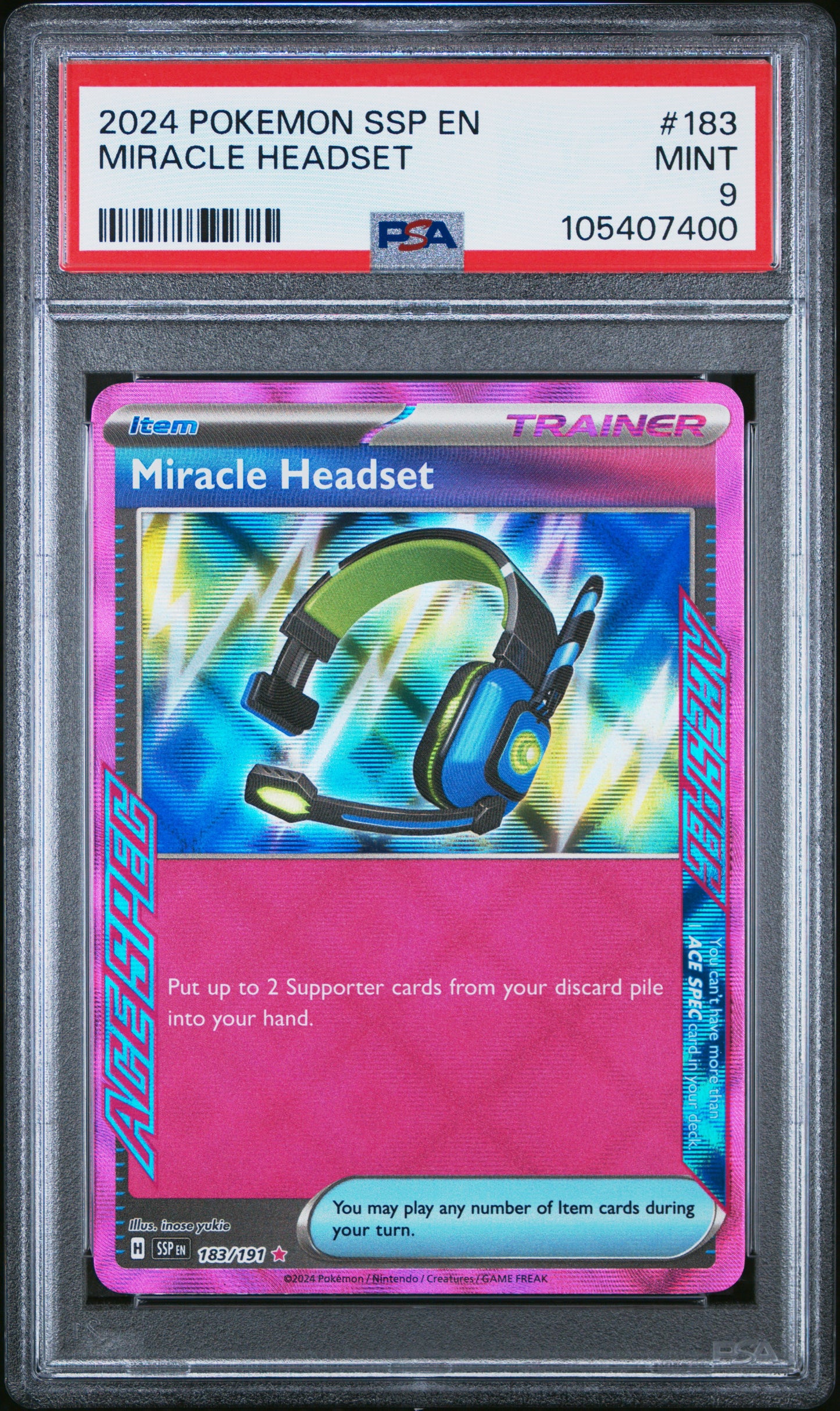 MIRACLE HEADSET 183/191 Common POKEMON SSP EN-SURGING SPARKS PSA9 MINT 9 PSA population 58 <a href=https://www.psacard.com/cert/105407400/psa>https://www.psacard.com/cert/105407400/psa</a>