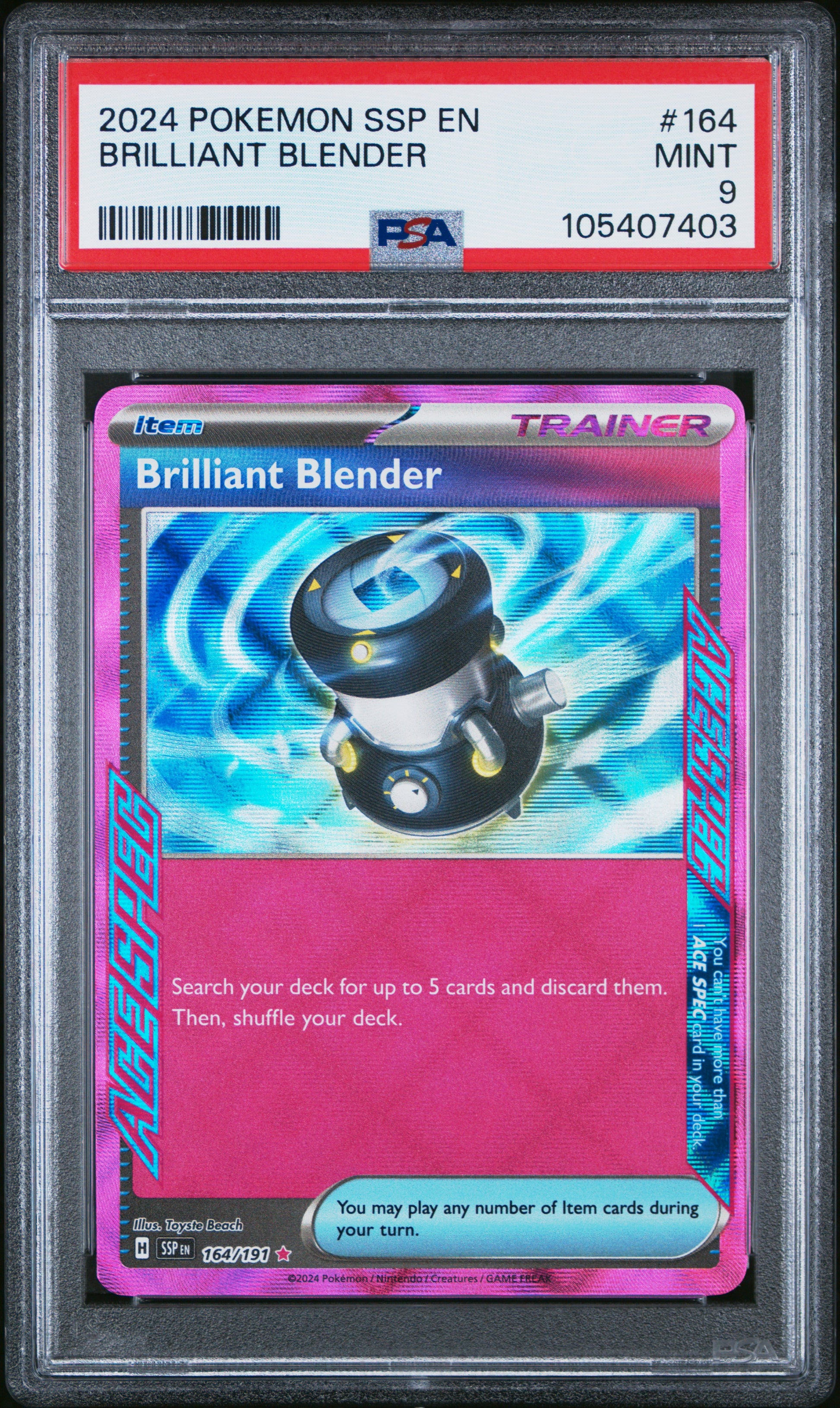 BRILLIANT BLENDER 164/191 Common POKEMON SSP EN-SURGING SPARKS PSA9 MINT 9 PSA population 57 <a href=https://www.psacard.com/cert/105407403/psa>https://www.psacard.com/cert/105407403/psa</a>