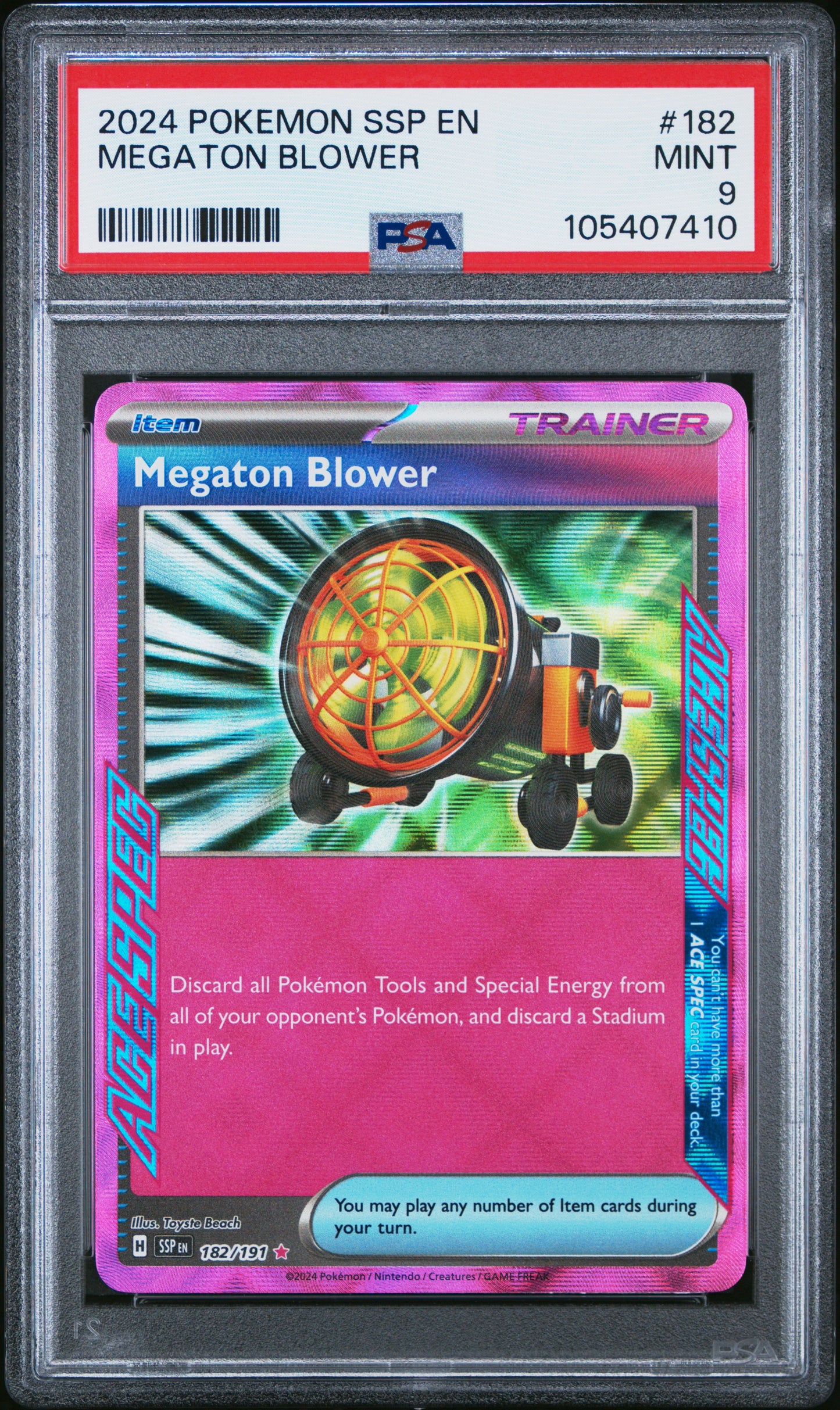 MEGATON BLOWER 182/191 Common POKEMON SSP EN-SURGING SPARKS PSA9 MINT 9 PSA population 53 <a href=https://www.psacard.com/cert/105407410/psa>https://www.psacard.com/cert/105407410/psa</a>