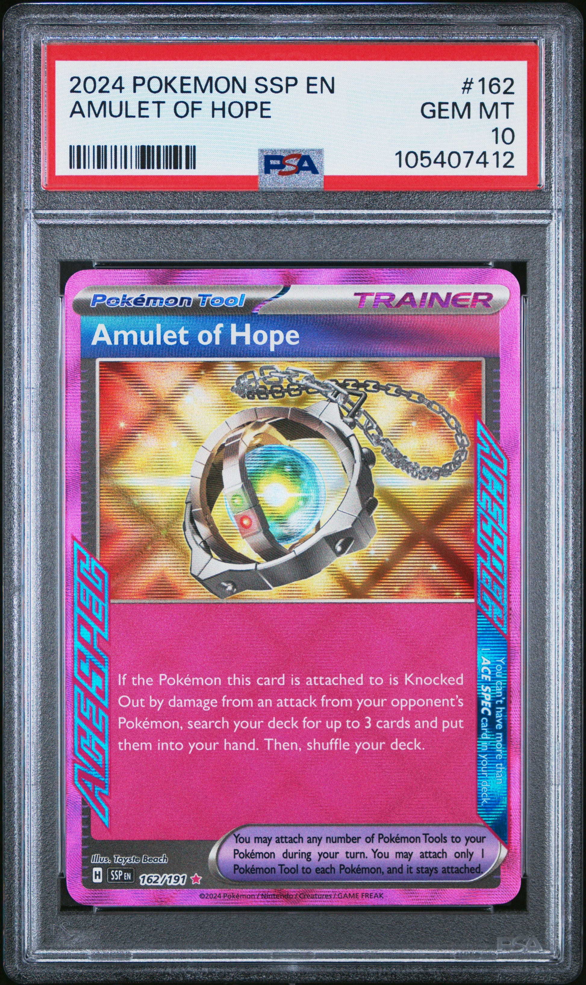 AMULET OF HOPE 162/191 Common POKEMON SSP EN-SURGING SPARKS PSA10 GEM MT 10 PSA population 34 <a href=https://www.psacard.com/cert/105407412/psa>https://www.psacard.com/cert/105407412/psa</a>
