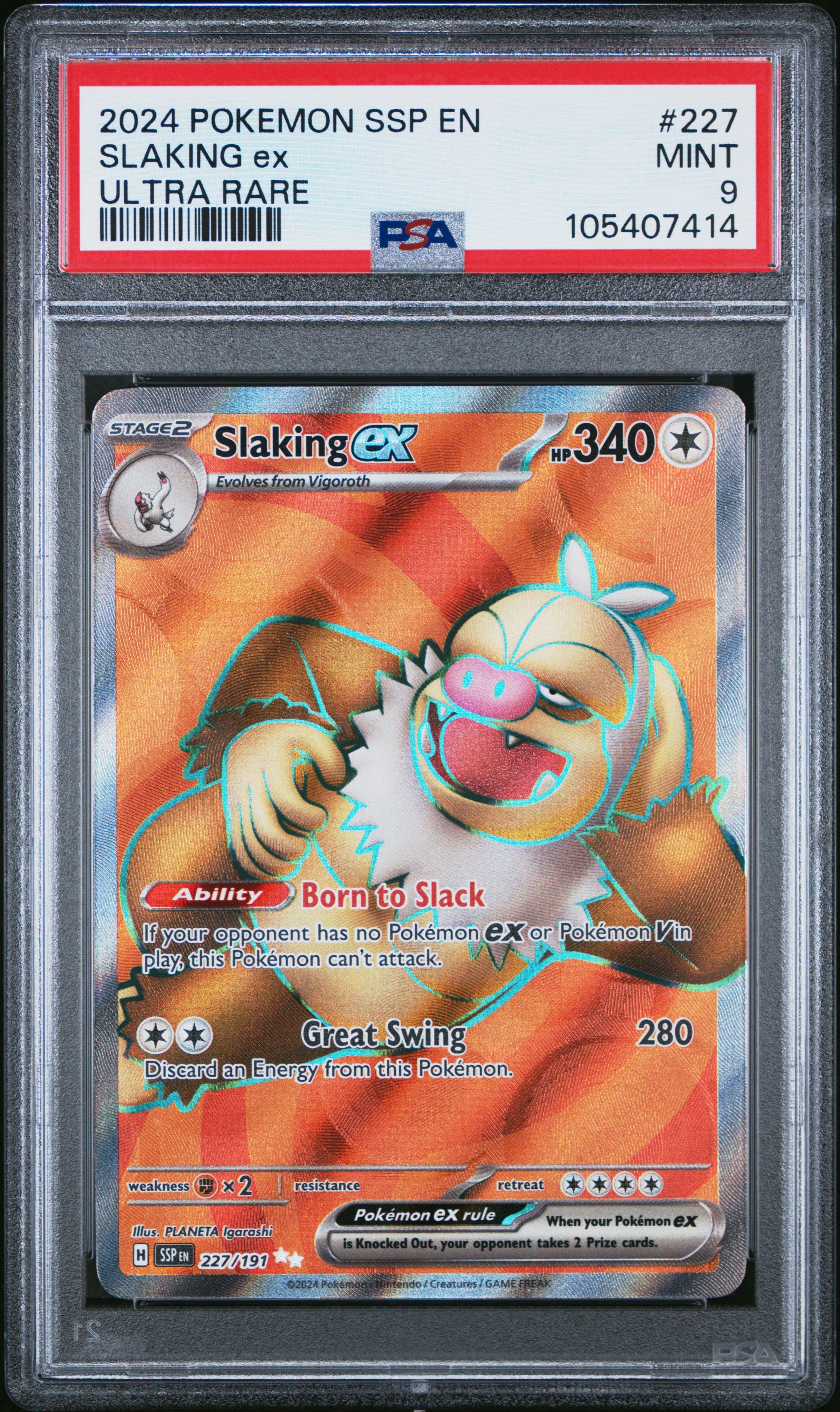 SLAKING EX 227/191 Common POKEMON SSP EN-SURGING SPARKS ULTRA RARE PSA9 MINT 9 PSA population 178 <a href=https://www.psacard.com/cert/105407414/psa>https://www.psacard.com/cert/105407414/psa</a>