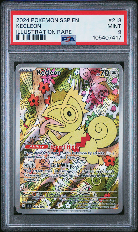 KECLEON 213/191 Common POKEMON SSP EN-SURGING SPARKS ILLUSTRATION RARE PSA9 MINT 9 PSA population 1014 <a href=https://www.psacard.com/cert/105407417/psa>https://www.psacard.com/cert/105407417/psa</a>