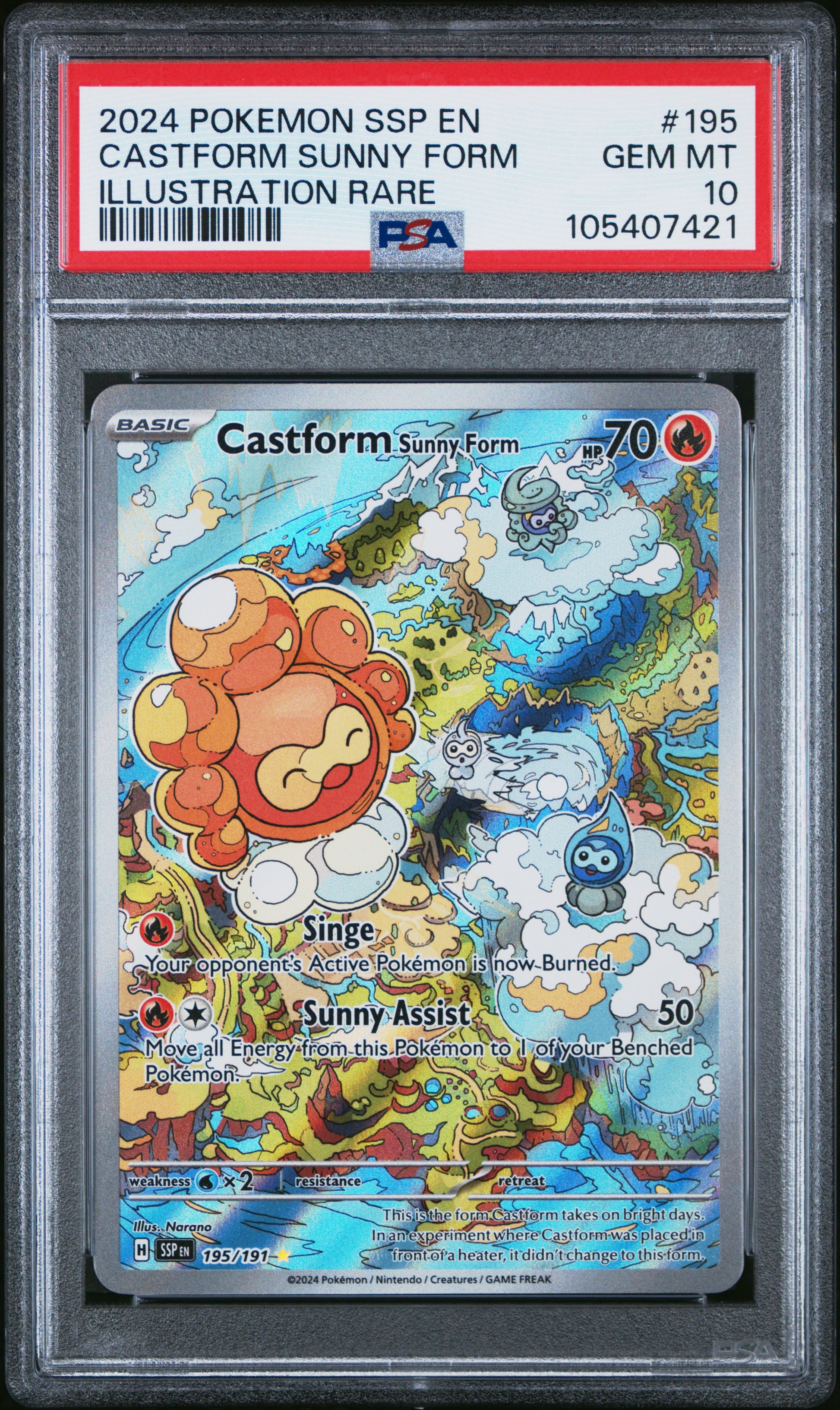 CASTFORM SUNNY FORM 195/191 Common POKEMON SSP EN-SURGING SPARKS ILLUSTRATION RARE PSA10 GEM MT 10 PSA population 952 <a href=https://www.psacard.com/cert/105407421/psa>https://www.psacard.com/cert/105407421/psa</a>
