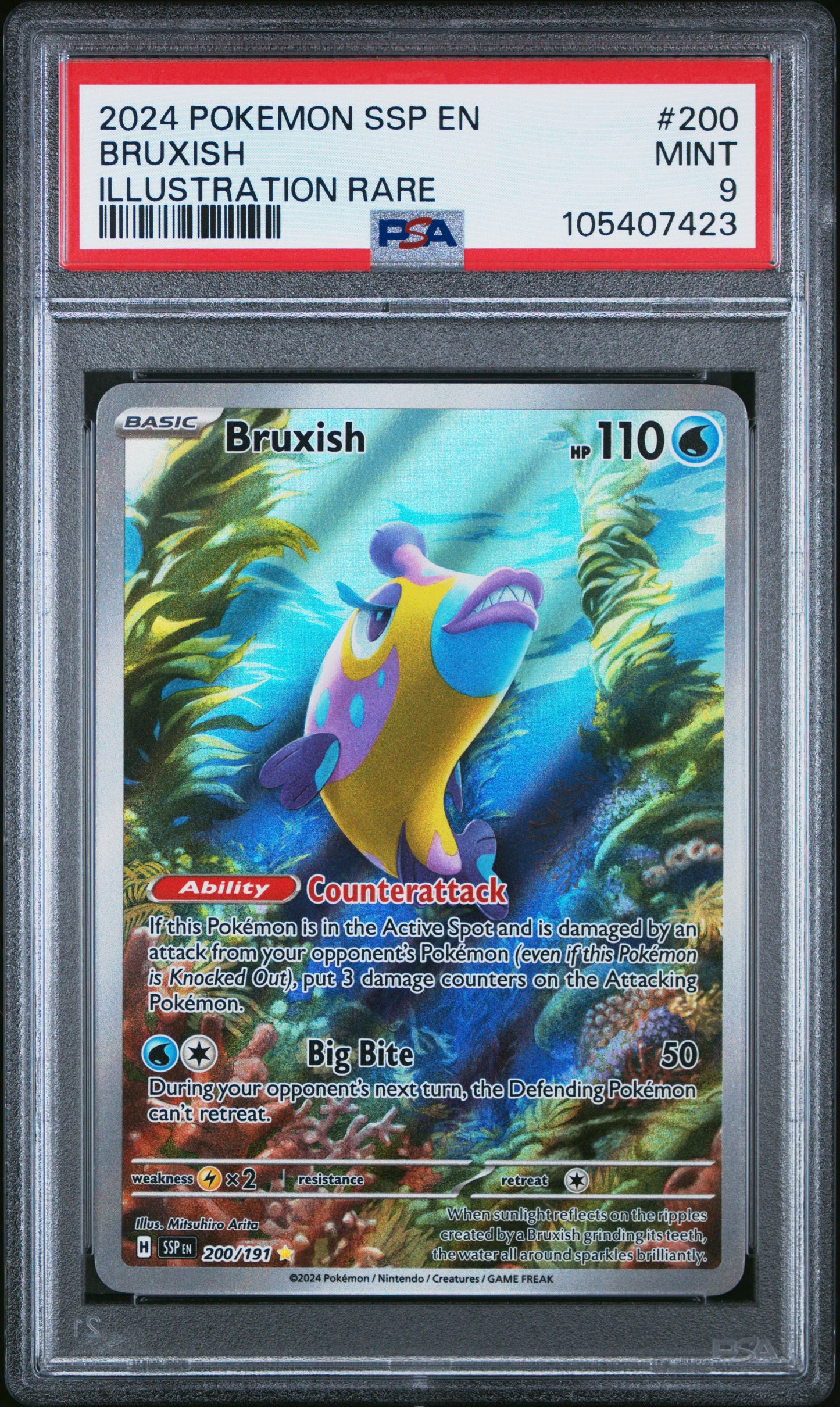 BRUXISH 200/191 Common POKEMON SSP EN-SURGING SPARKS ILLUSTRATION RARE PSA9 MINT 9 PSA population 393 <a href=https://www.psacard.com/cert/105407423/psa>https://www.psacard.com/cert/105407423/psa</a>