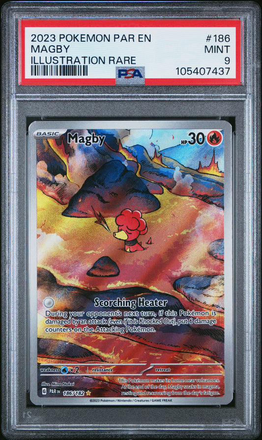 MAGBY 186/182 Common POKEMON PAR EN-PARADOX RIFT ILLUSTRATION RARE PSA9 MINT 9 PSA population 664 <a href=https://www.psacard.com/cert/105407437/psa>https://www.psacard.com/cert/105407437/psa</a>