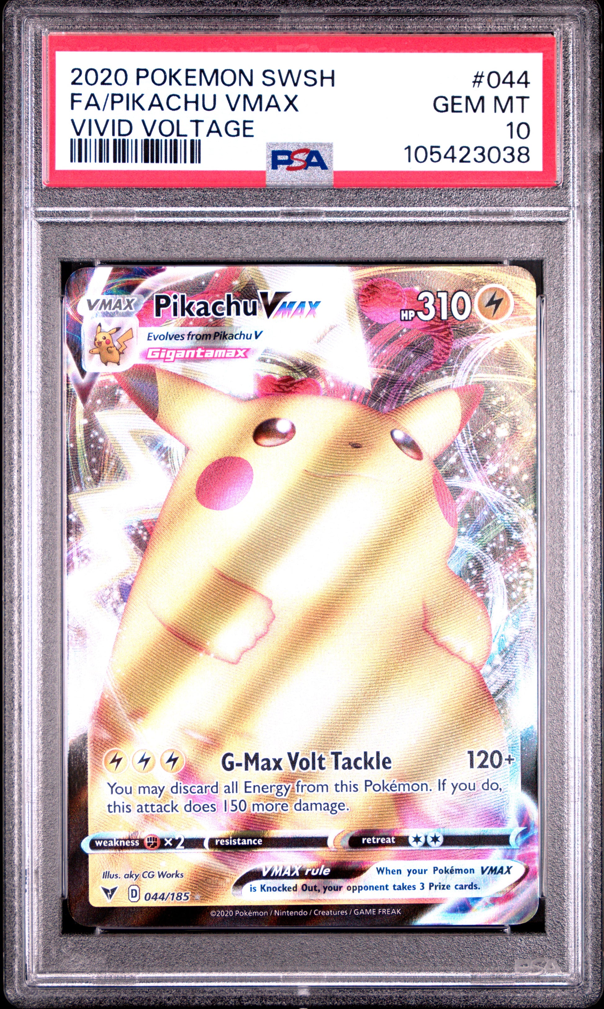 FA/PIKACHU VMAX 44/185 Common POKEMON SWORD & SHIELD VIVID VOLTAGE VIVID VOLTAGE PSA10 GEM MT 10 PSA population 9184 <a href=https://www.psacard.com/cert/105423038/psa>https://www.psacard.com/cert/105423038/psa</a>