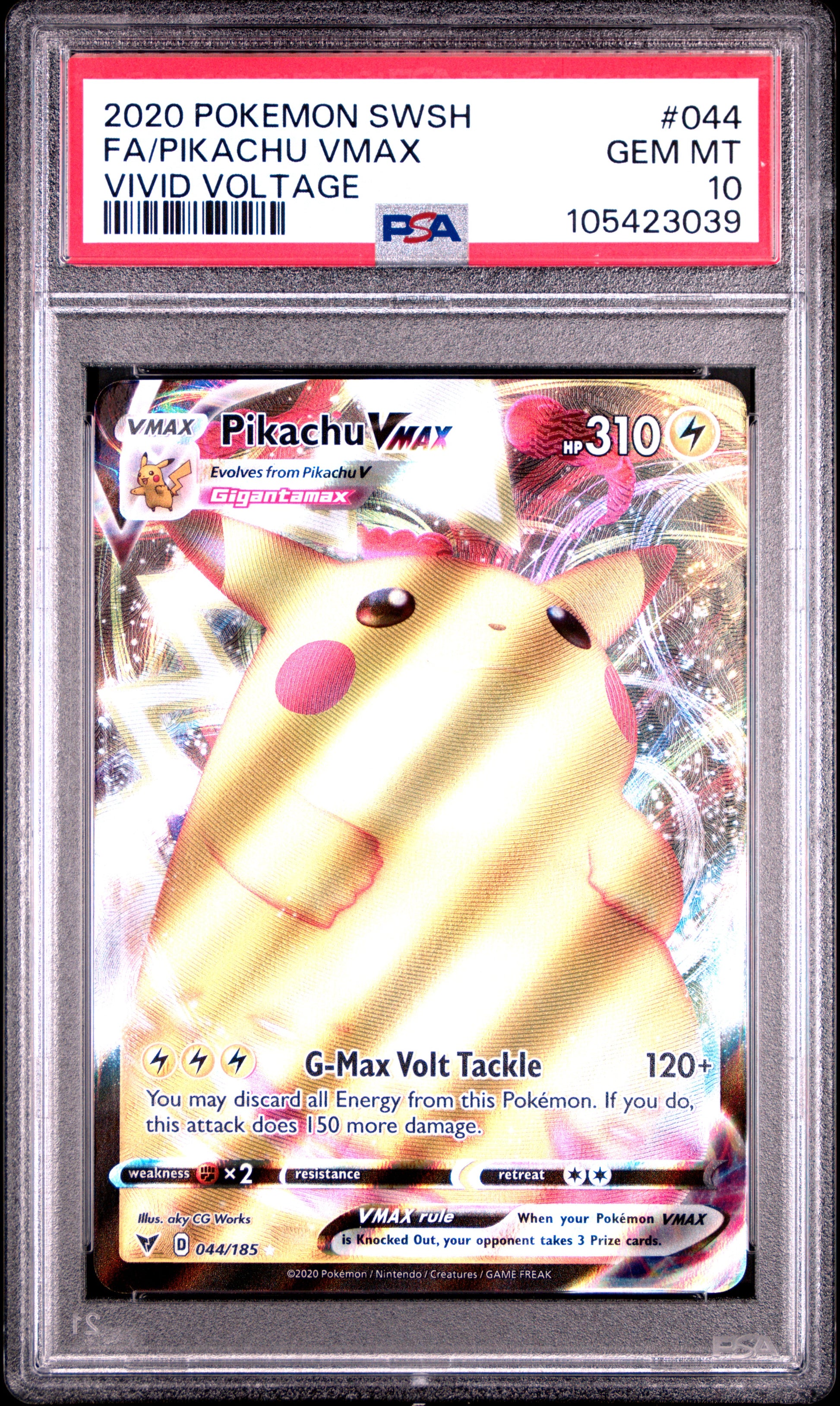 FA/PIKACHU VMAX 44/185 Common POKEMON SWORD & SHIELD VIVID VOLTAGE VIVID VOLTAGE PSA10 GEM MT 10 PSA population 9184 <a href=https://www.psacard.com/cert/105423039/psa>https://www.psacard.com/cert/105423039/psa</a>