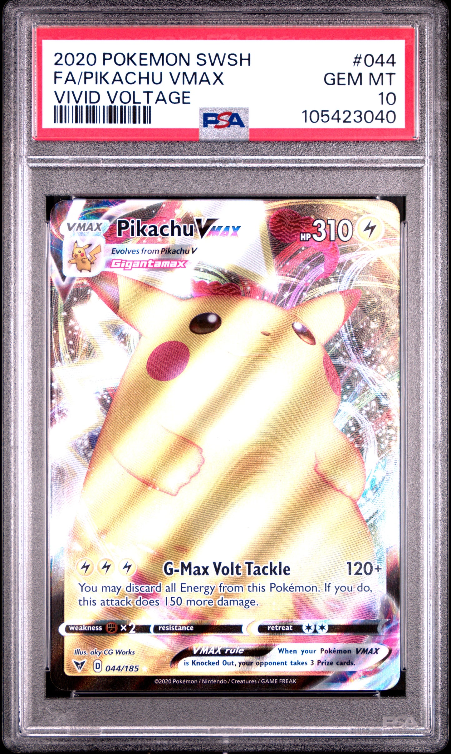 FA/PIKACHU VMAX 44/185 Common POKEMON SWORD & SHIELD VIVID VOLTAGE VIVID VOLTAGE PSA10 GEM MT 10 PSA population 9184 <a href=https://www.psacard.com/cert/105423040/psa>https://www.psacard.com/cert/105423040/psa</a>