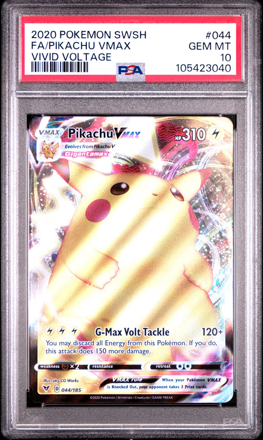 FA/PIKACHU VMAX 44/185 Common POKEMON SWORD & SHIELD VIVID VOLTAGE VIVID VOLTAGE PSA10 GEM MT 10 PSA population 9184 <a href=https://www.psacard.com/cert/105423040/psa>https://www.psacard.com/cert/105423040/psa</a>