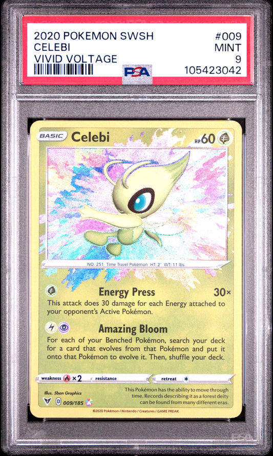 CELEBI 9/185 Common POKEMON SWORD & SHIELD VIVID VOLTAGE VIVID VOLTAGE PSA9 MINT 9 PSA population 3909 <a href=https://www.psacard.com/cert/105423042/psa>https://www.psacard.com/cert/105423042/psa</a>