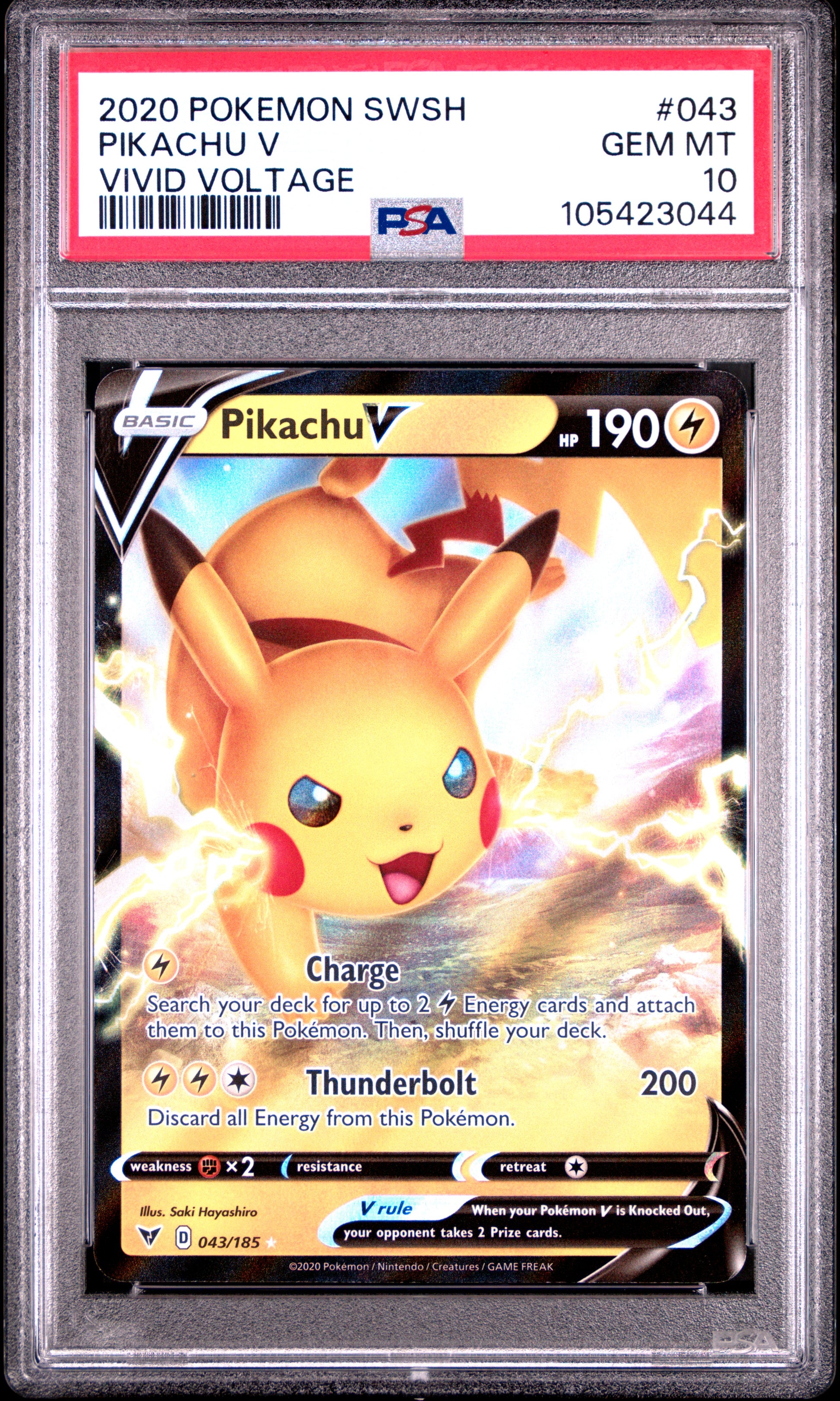 PIKACHU V 43/185 Common POKEMON SWORD & SHIELD VIVID VOLTAGE VIVID VOLTAGE PSA10 GEM MT 10 PSA population 3018 <a href=https://www.psacard.com/cert/105423044/psa>https://www.psacard.com/cert/105423044/psa</a>