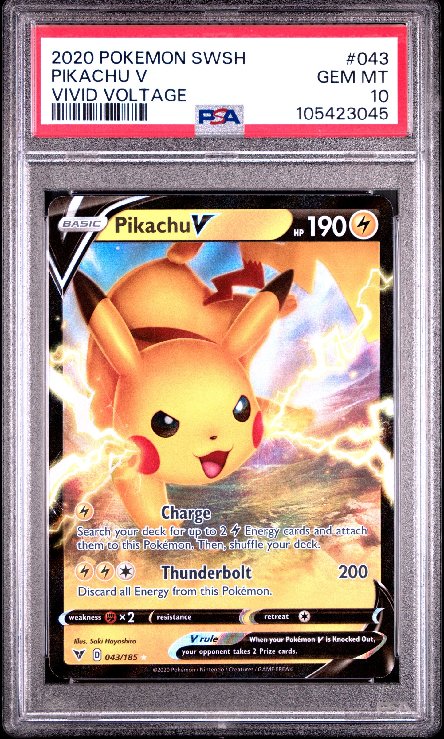 PIKACHU V 43/185 Common POKEMON SWORD & SHIELD VIVID VOLTAGE VIVID VOLTAGE PSA10 GEM MT 10 PSA population 3018 <a href=https://www.psacard.com/cert/105423045/psa>https://www.psacard.com/cert/105423045/psa</a>