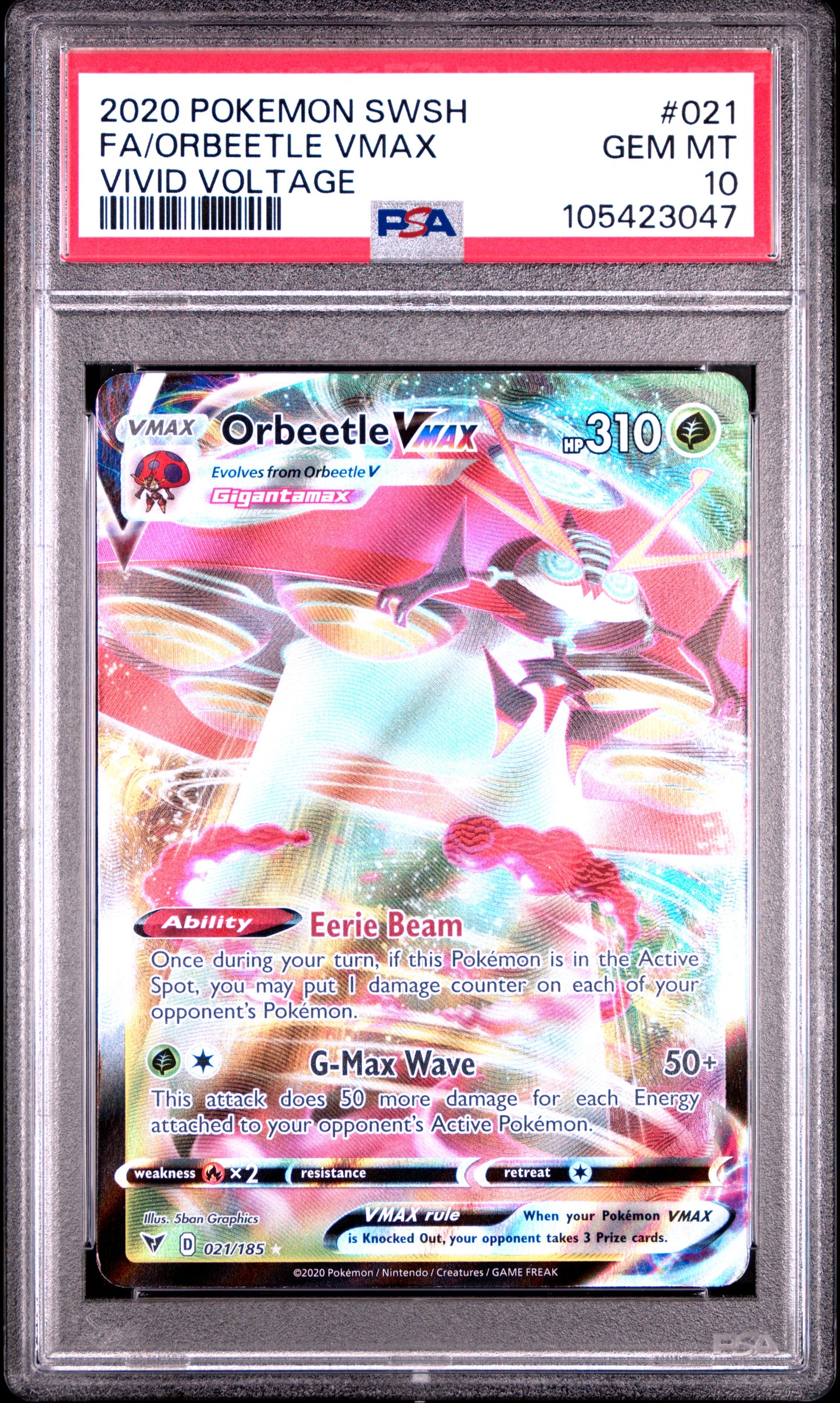 FA/ORBEETLE VMAX 21/185 Common POKEMON SWORD & SHIELD VIVID VOLTAGE VIVID VOLTAGE PSA10 GEM MT 10 PSA population 740 <a href=https://www.psacard.com/cert/105423047/psa>https://www.psacard.com/cert/105423047/psa</a>