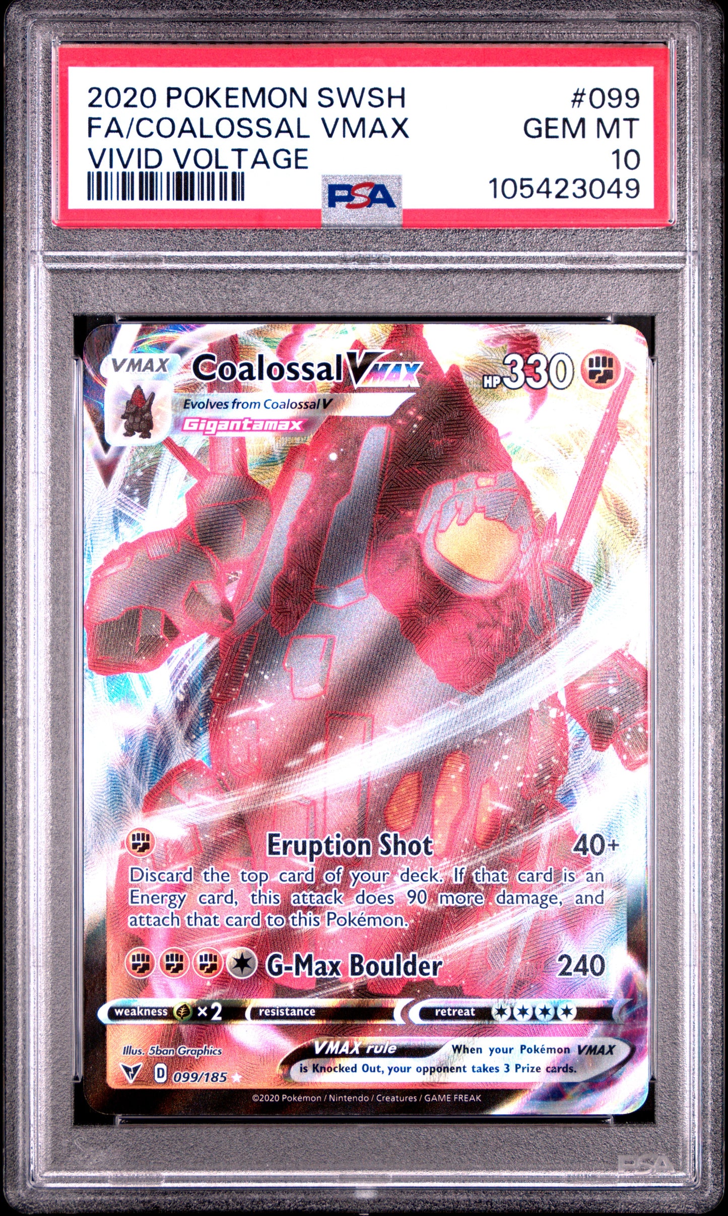 FA/COALOSSAL VMAX 99/185 Common POKEMON SWORD & SHIELD VIVID VOLTAGE VIVID VOLTAGE PSA10 GEM MT 10 PSA population 958 <a href=https://www.psacard.com/cert/105423049/psa>https://www.psacard.com/cert/105423049/psa</a>