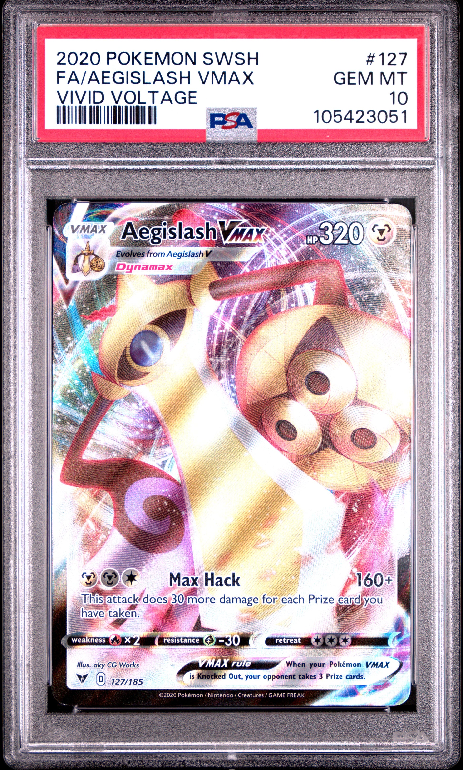 FA/AEGISLASH VMAX 127/185 Common POKEMON SWORD & SHIELD VIVID VOLTAGE VIVID VOLTAGE PSA10 GEM MT 10 PSA population 784 <a href=https://www.psacard.com/cert/105423051/psa>https://www.psacard.com/cert/105423051/psa</a>