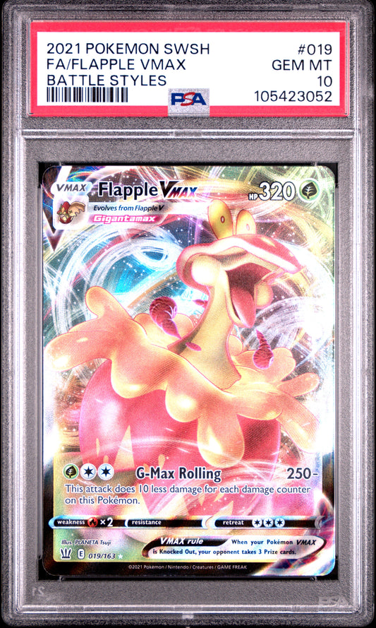 FA/FLAPPLE VMAX 19/163 Common POKEMON SWORD & SHIELD BATTLE STYLES BATTLE STYLES PSA10 GEM MT 10 PSA population 80 <a href=https://www.psacard.com/cert/105423052/psa>https://www.psacard.com/cert/105423052/psa</a>