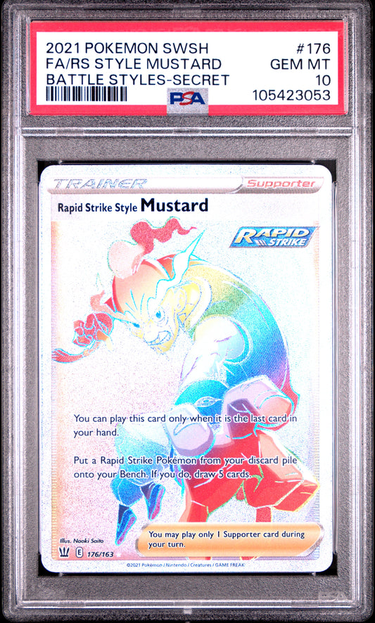 FA/RS STYLE MUSTARD 176/163 Common POKEMON SWORD & SHIELD BATTLE STYLES BATTLE STYLES-SECRET PSA10 GEM MT 10 PSA population 48 <a href=https://www.psacard.com/cert/105423053/psa>https://www.psacard.com/cert/105423053/psa</a>