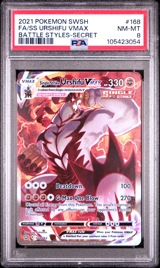FA/SS URSHIFU VMAX 168/163 Common POKEMON SWORD & SHIELD BATTLE STYLES BATTLE STYLES-SECRET PSA8 NM-MT 8 PSA population 55 <a href=https://www.psacard.com/cert/105423054/psa>https://www.psacard.com/cert/105423054/psa</a>