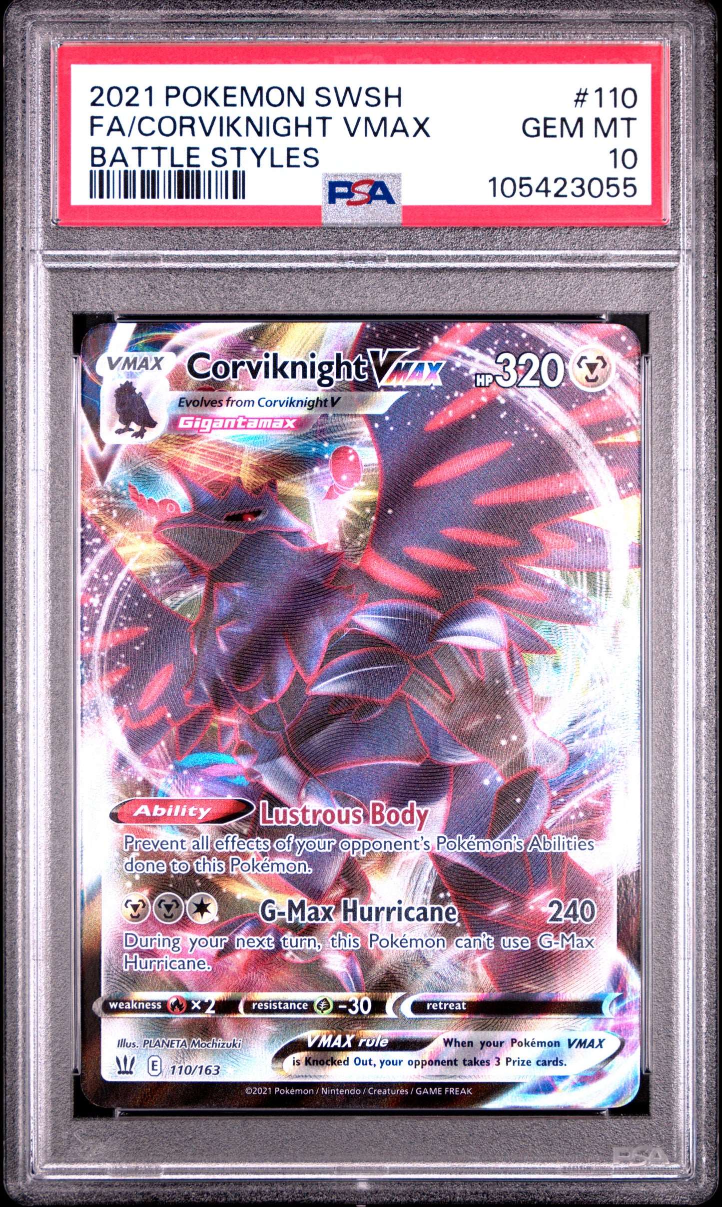 FA/CORVIKNIGHT VMAX 110/163 Common POKEMON SWORD & SHIELD BATTLE STYLES BATTLE STYLES PSA10 GEM MT 10 PSA population 132 <a href=https://www.psacard.com/cert/105423055/psa>https://www.psacard.com/cert/105423055/psa</a>