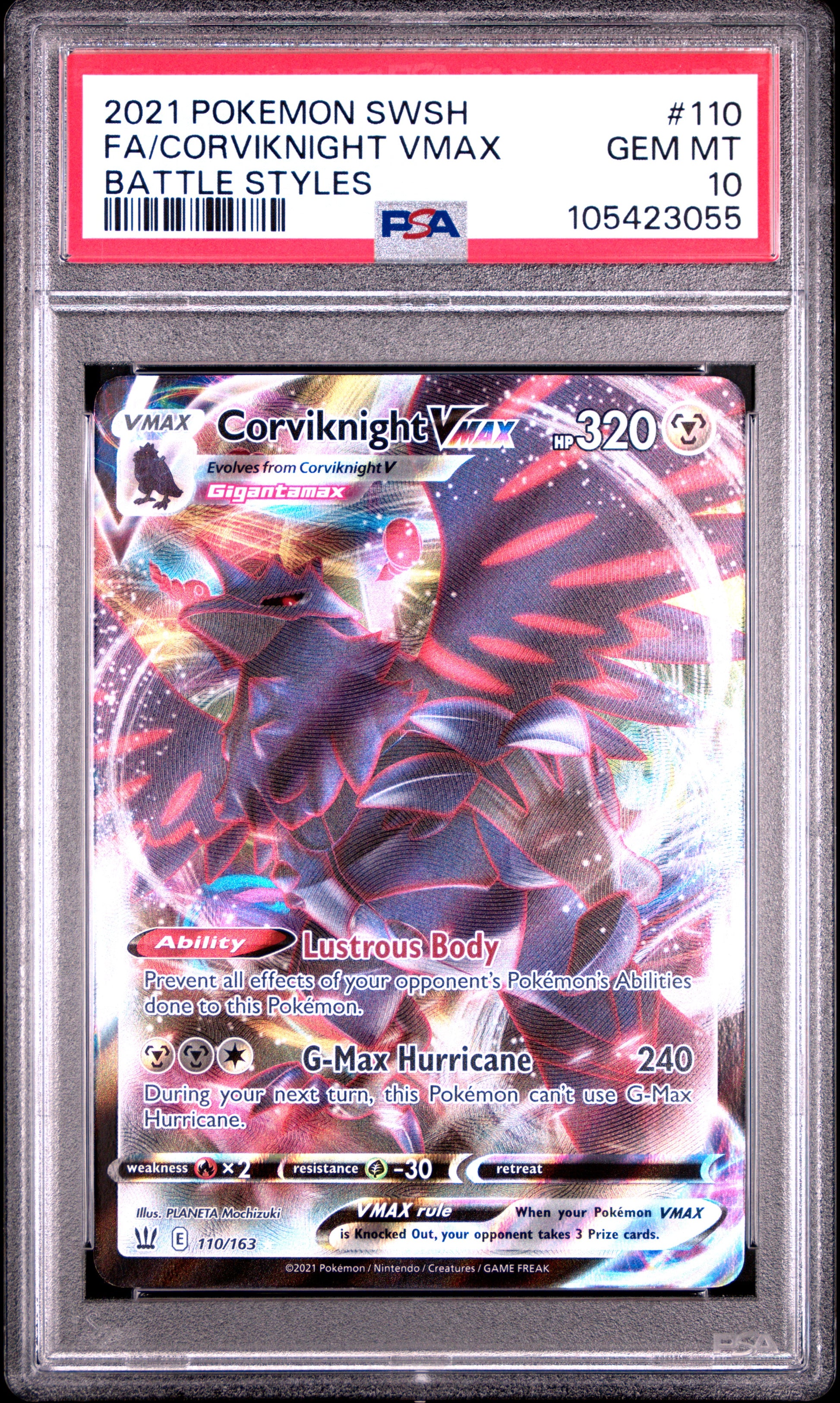 FA/CORVIKNIGHT VMAX 110/163 Common POKEMON SWORD & SHIELD BATTLE STYLES BATTLE STYLES PSA10 GEM MT 10 PSA population 132 <a href=https://www.psacard.com/cert/105423055/psa>https://www.psacard.com/cert/105423055/psa</a>