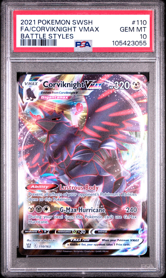 FA/CORVIKNIGHT VMAX 110/163 Common POKEMON SWORD & SHIELD BATTLE STYLES BATTLE STYLES PSA10 GEM MT 10 PSA population 132 <a href=https://www.psacard.com/cert/105423055/psa>https://www.psacard.com/cert/105423055/psa</a>