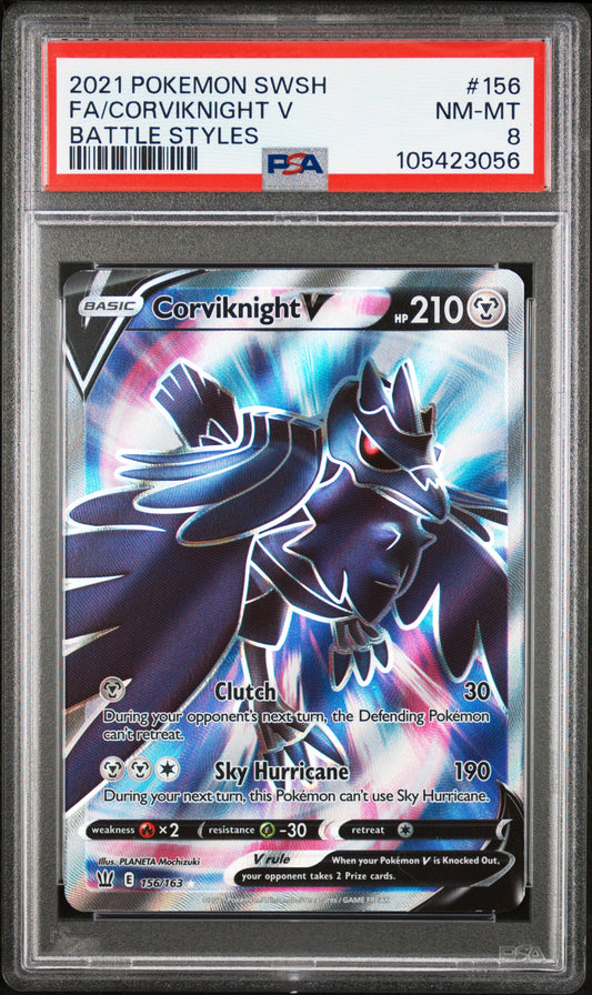 FA/CORVIKNIGHT V 156/163 Common POKEMON SWORD & SHIELD BATTLE STYLES BATTLE STYLES PSA8 NM-MT 8 PSA population 8 <a href=https://www.psacard.com/cert/105423056/psa>https://www.psacard.com/cert/105423056/psa</a>