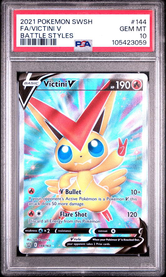 FA/VICTINI V 144/163 Common POKEMON SWORD & SHIELD BATTLE STYLES BATTLE STYLES PSA10 GEM MT 10 PSA population 0 <a href=https://www.psacard.com/cert/105423059/psa>https://www.psacard.com/cert/105423059/psa</a>