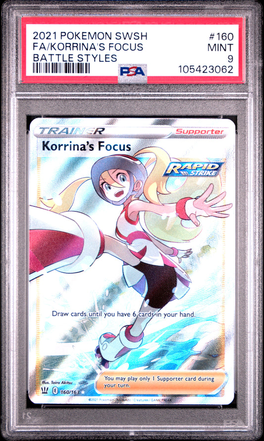 FA/KORRINA'S FOCUS 160/163 Common POKEMON SWORD & SHIELD BATTLE STYLES BATTLE STYLES PSA9 MINT 9 PSA population 238 <a href=https://www.psacard.com/cert/105423062/psa>https://www.psacard.com/cert/105423062/psa</a>