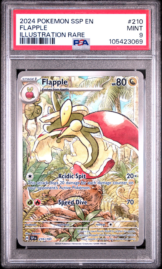 FLAPPLE 210/191 Common POKEMON SSP EN-SURGING SPARKS ILLUSTRATION RARE PSA9 MINT 9 PSA population 547 <a href=https://www.psacard.com/cert/105423069/psa>https://www.psacard.com/cert/105423069/psa</a>