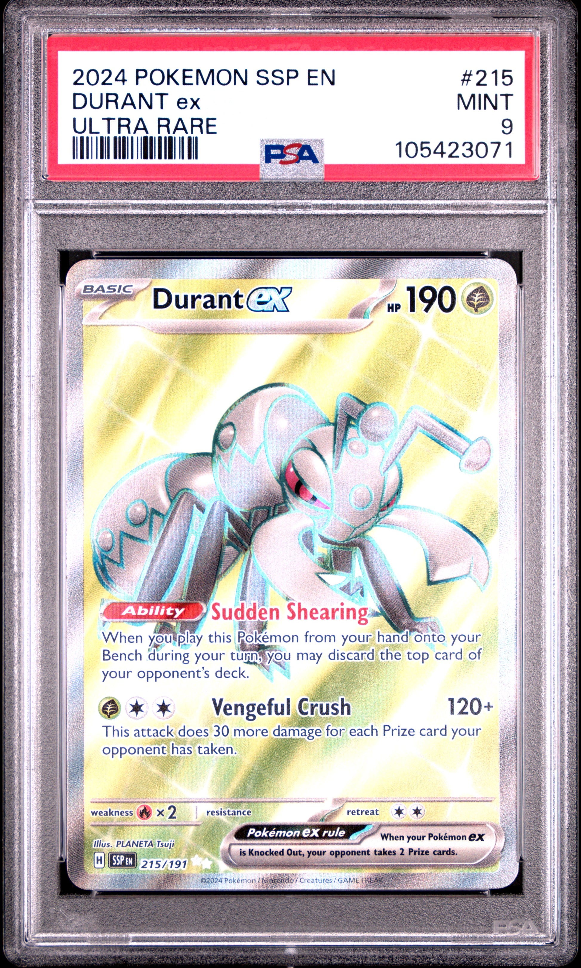 DURANT EX 215/191 Common POKEMON SSP EN-SURGING SPARKS ULTRA RARE PSA9 MINT 9 PSA population 132 <a href=https://www.psacard.com/cert/105423071/psa>https://www.psacard.com/cert/105423071/psa</a>