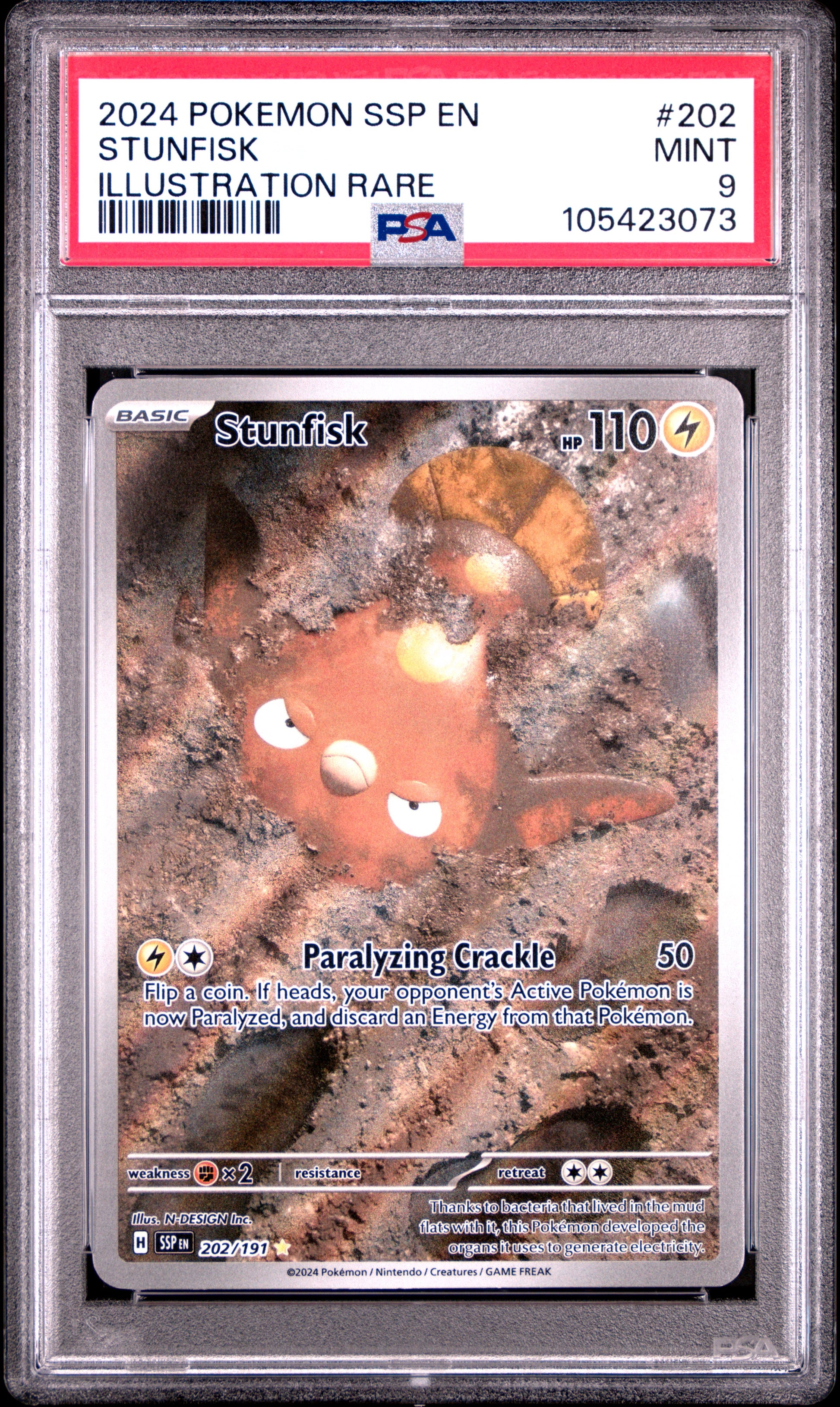 STUNFISK 202/191 Common POKEMON SSP EN-SURGING SPARKS ILLUSTRATION RARE PSA9 MINT 9 PSA population 387 <a href=https://www.psacard.com/cert/105423073/psa>https://www.psacard.com/cert/105423073/psa</a>