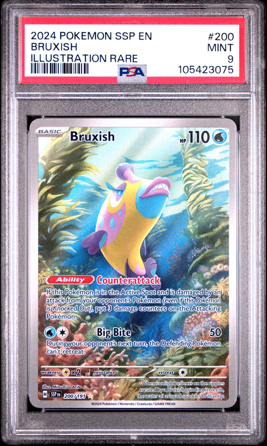 BRUXISH 200/191 Common POKEMON SSP EN-SURGING SPARKS ILLUSTRATION RARE PSA9 MINT 9 PSA population 393 <a href=https://www.psacard.com/cert/105423075/psa>https://www.psacard.com/cert/105423075/psa</a>