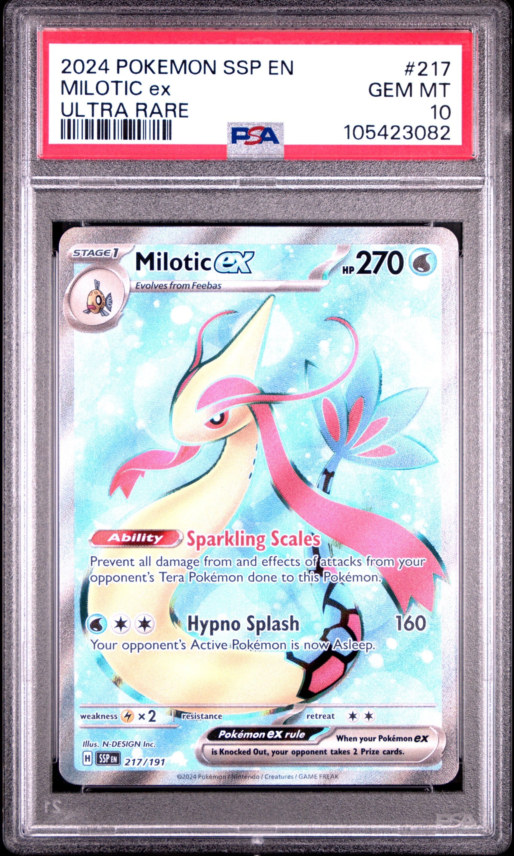 MILOTIC EX 217/191 Common POKEMON SSP EN-SURGING SPARKS ULTRA RARE PSA10 GEM MT 10 PSA population 204 <a href=https://www.psacard.com/cert/105423082/psa>https://www.psacard.com/cert/105423082/psa</a>