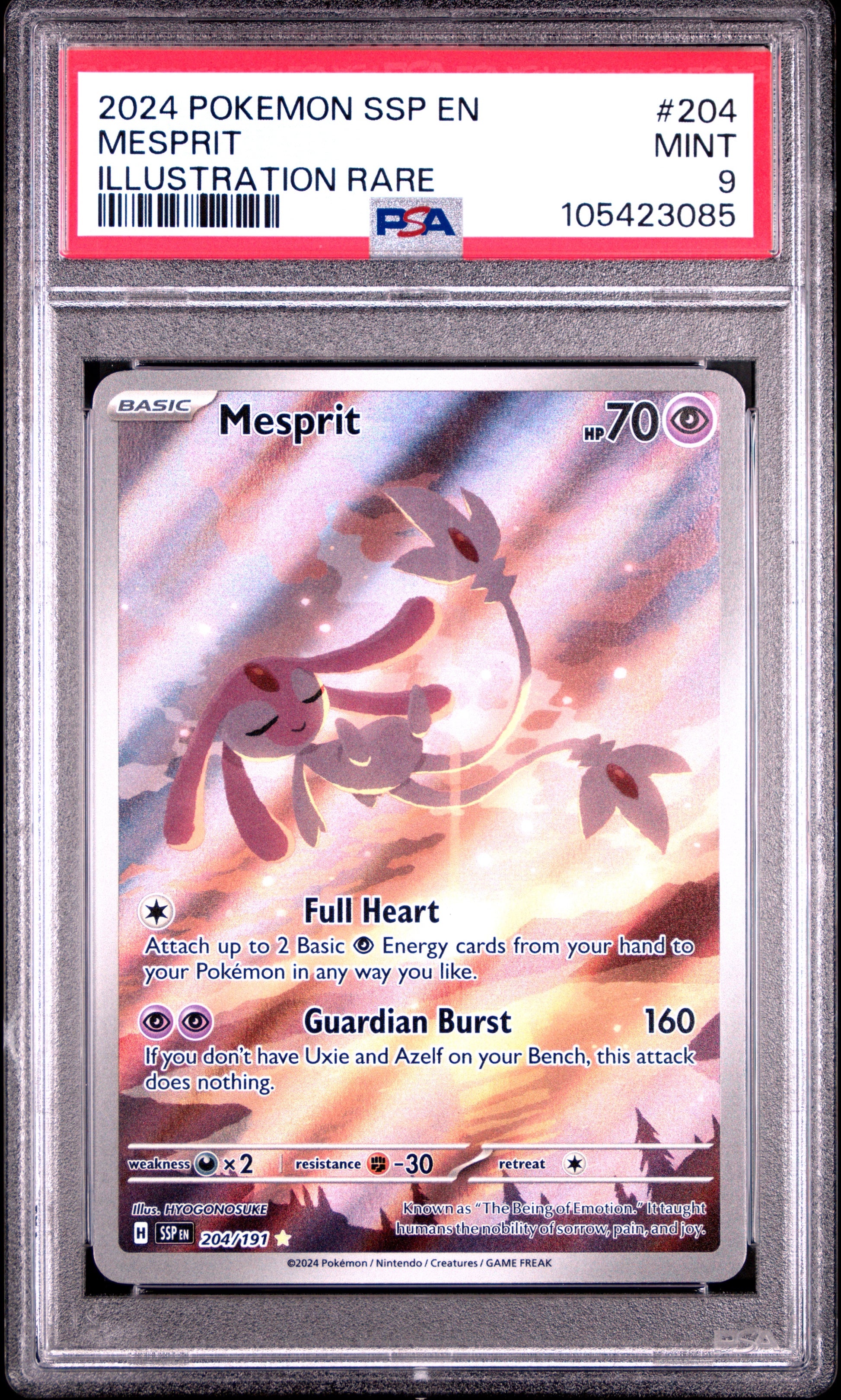 MESPRIT 204/191 Common POKEMON SSP EN-SURGING SPARKS ILLUSTRATION RARE PSA9 MINT 9 PSA population 2567 <a href=https://www.psacard.com/cert/105423085/psa>https://www.psacard.com/cert/105423085/psa</a>