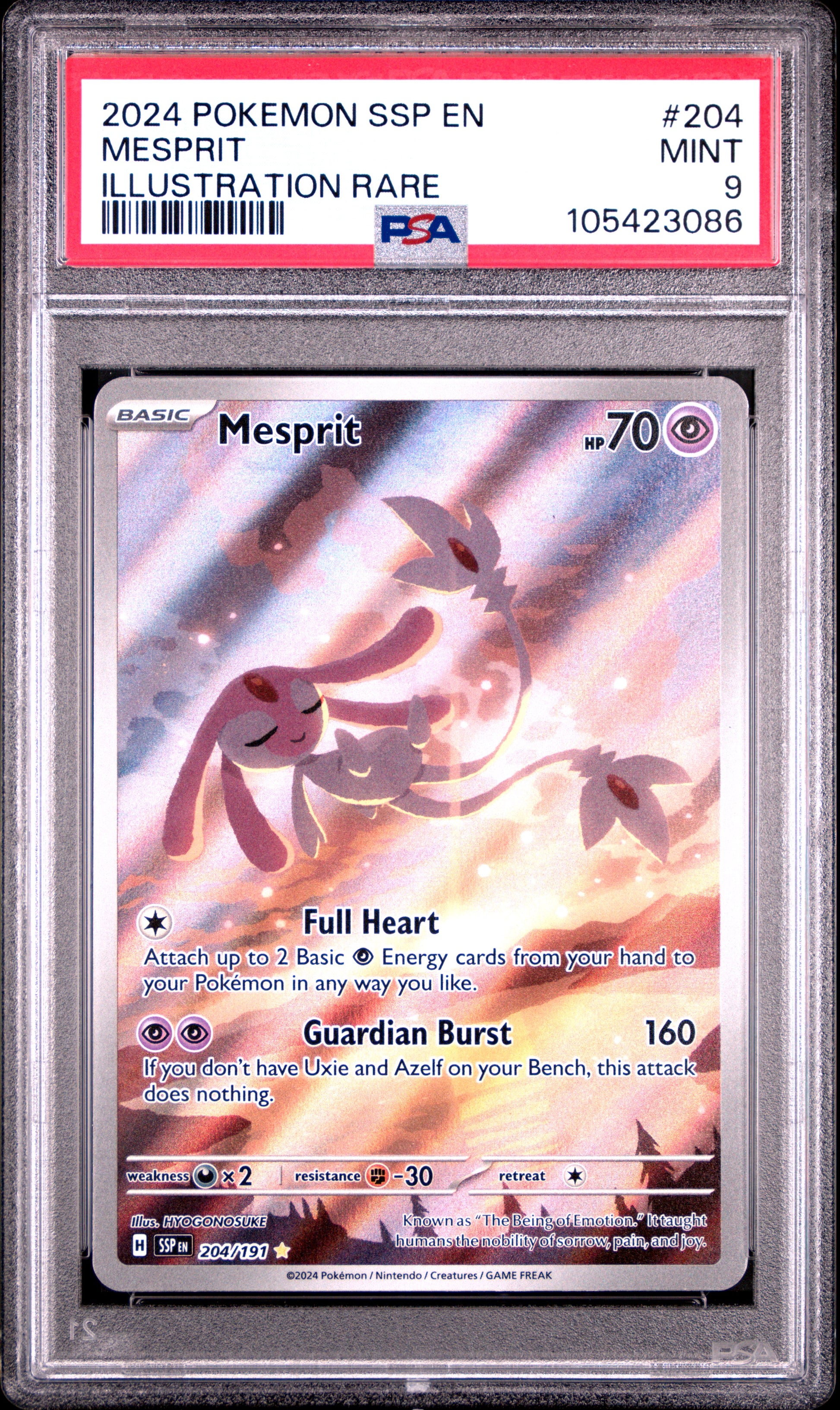 MESPRIT 204/191 Common POKEMON SSP EN-SURGING SPARKS ILLUSTRATION RARE PSA9 MINT 9 PSA population 2567 <a href=https://www.psacard.com/cert/105423086/psa>https://www.psacard.com/cert/105423086/psa</a>