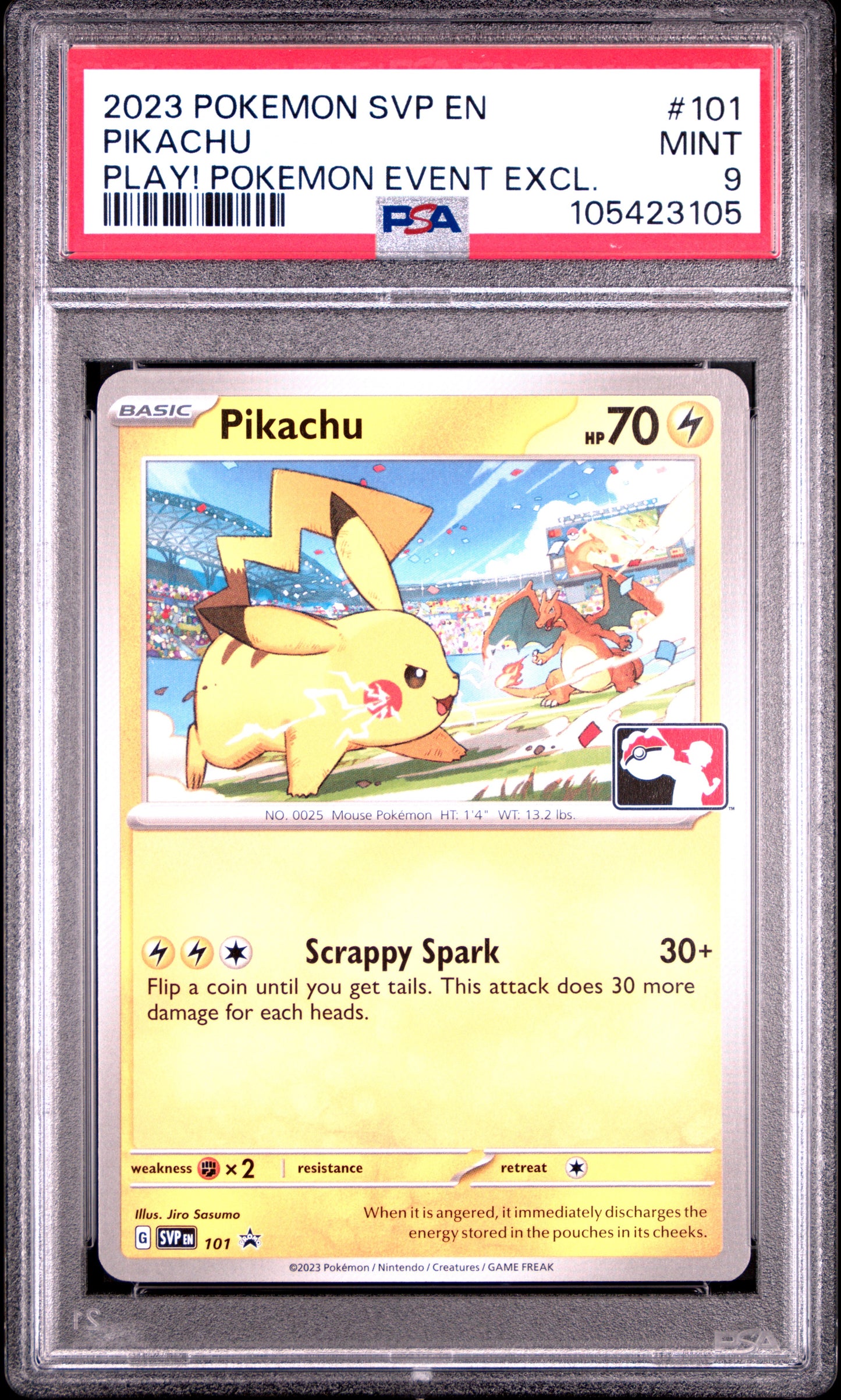 PIKACHU 101/SVP Common POKEMON SVP EN-SV BLACK STAR PROMO PLAY! POKEMON EVENT EXCL. PSA9 MINT 9 PSA population 539 <a href=https://www.psacard.com/cert/105423105/psa>https://www.psacard.com/cert/105423105/psa</a>